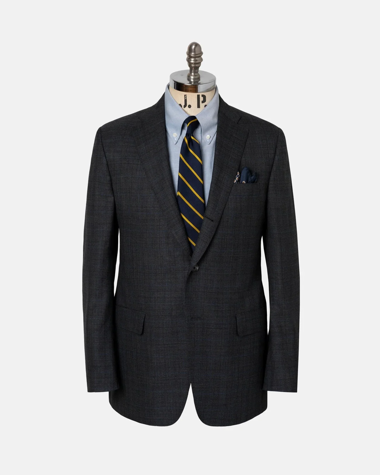MADE-IN-USA CHARCOAL & BLUE SHADOW PLAID WOOL SUIT - 1