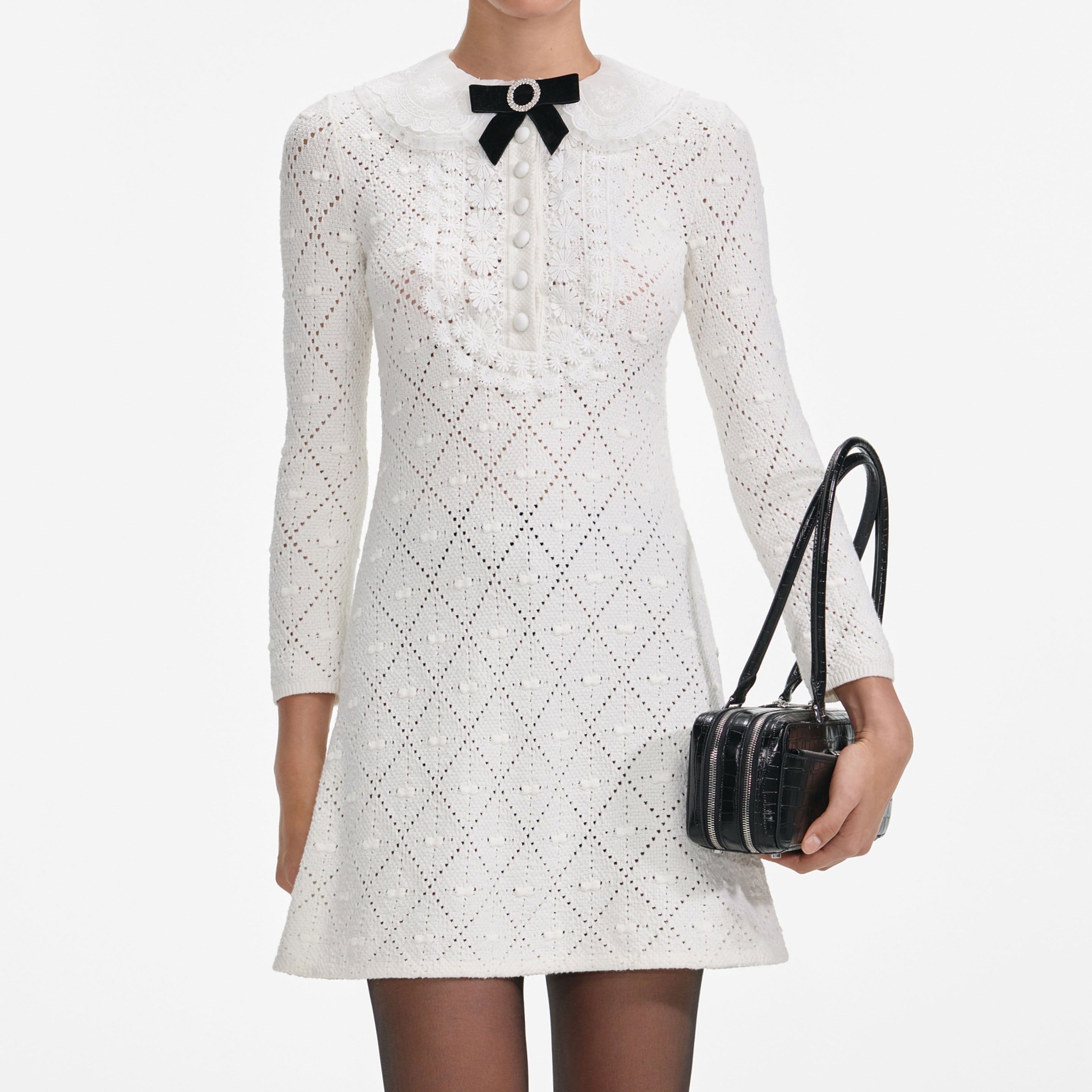 White Lace Bib Knit Mini Dress - 4