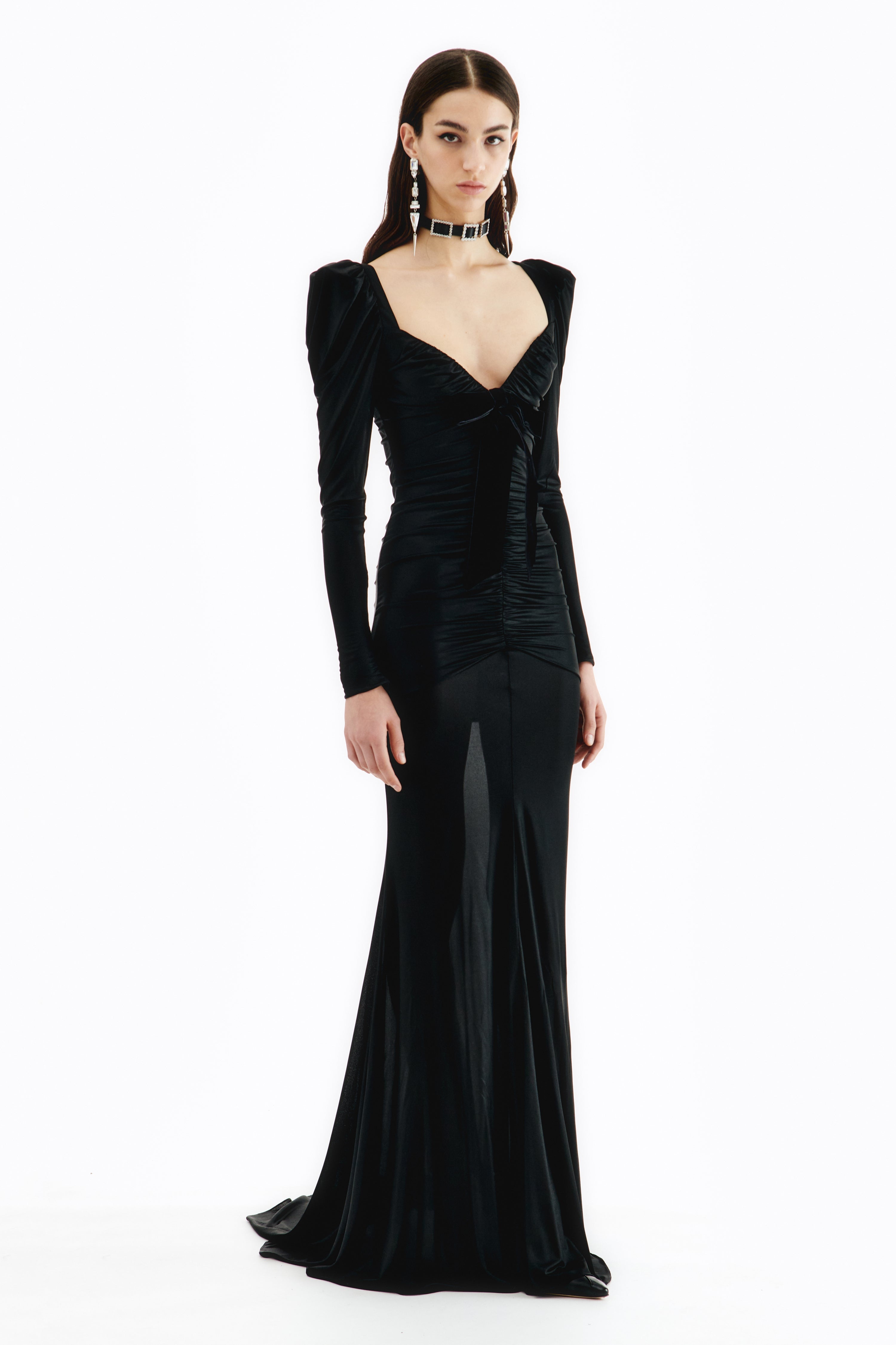 LAMINATED JERSEY DRAPED EVENING DRESS - 3