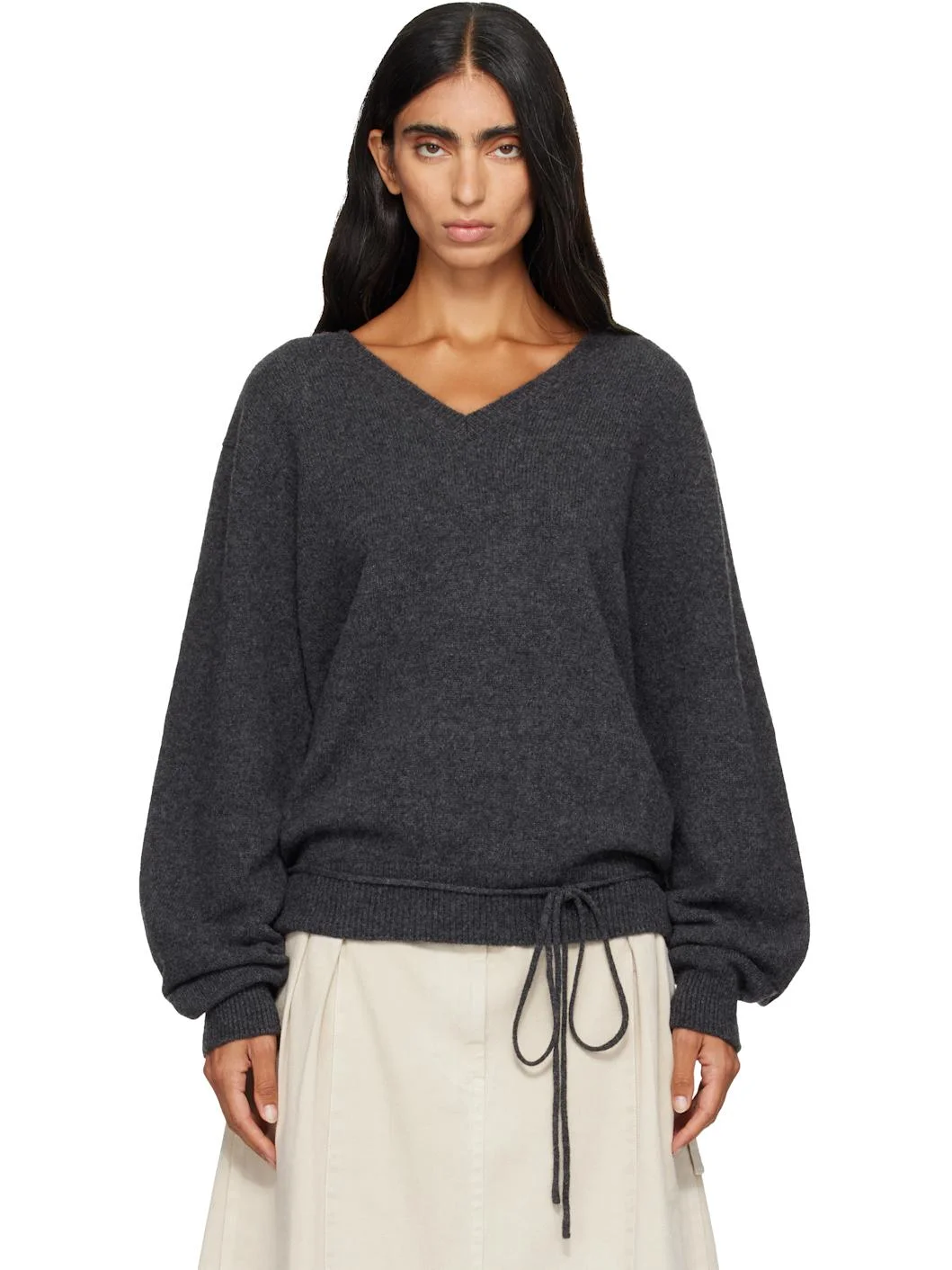Gray Soft Alpaca Blend Tie V-Neck Knit Sweater - 1