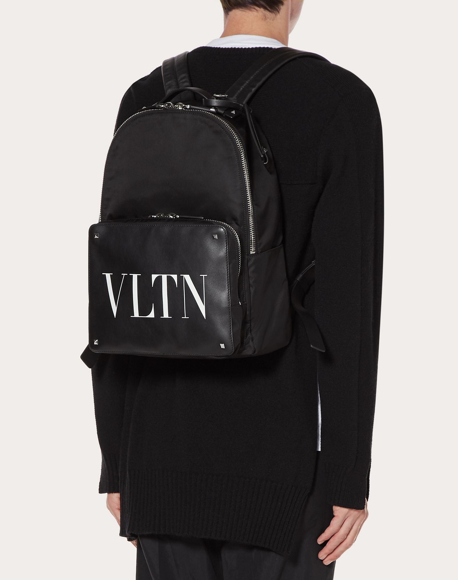 NYLON VLTN BACKPACK WITH LEATHER FRONT POCKET - 6