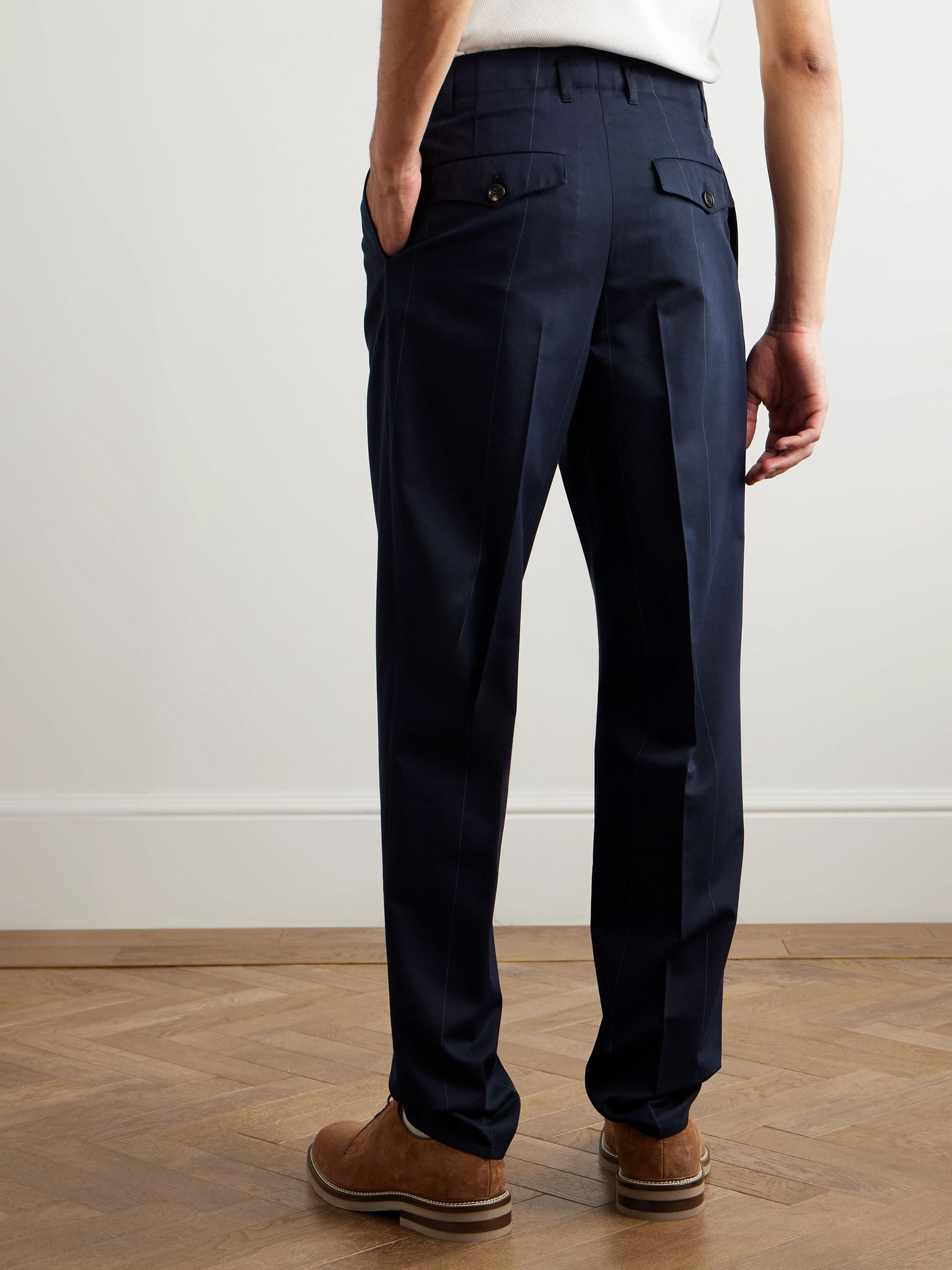 Tapered Pleated Pinstriped Wool and Cotton-Blend Trousers Navy - 4