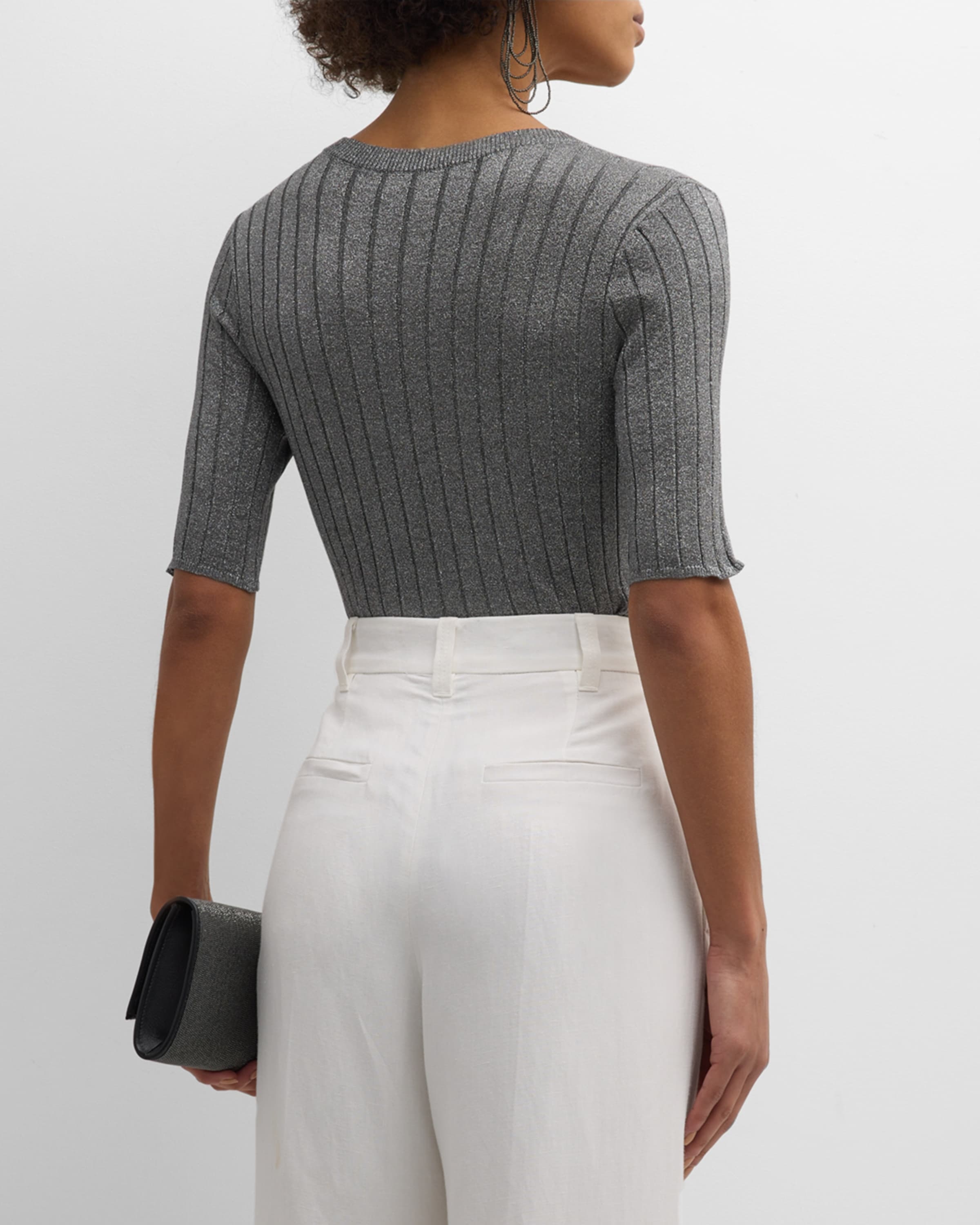 Metallic Silk Wide Ribbed Elbow-Sleeve Crewneck Top - 4