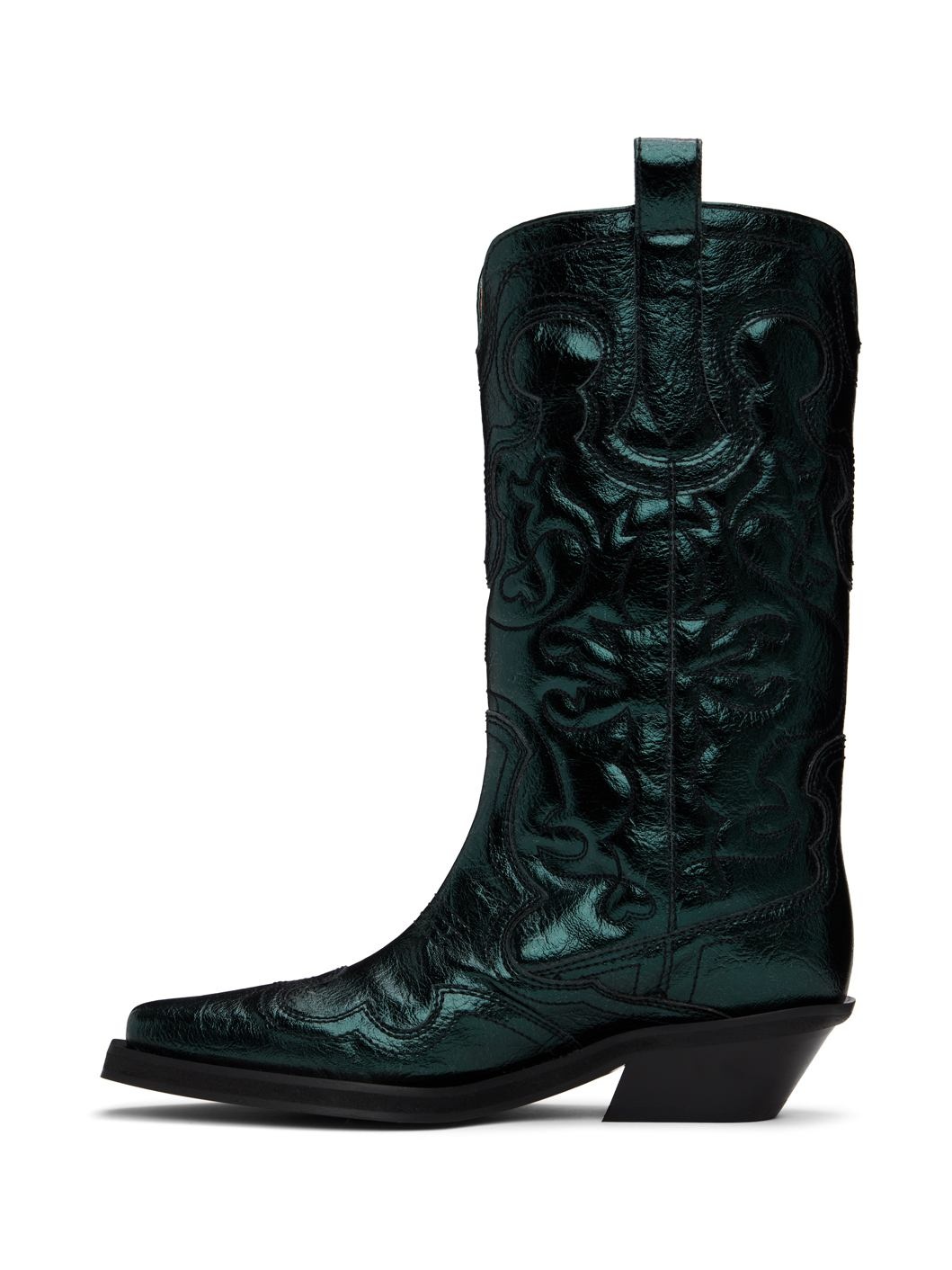 Green Metallic Mid Shaft Embroidered Western Boots - 3