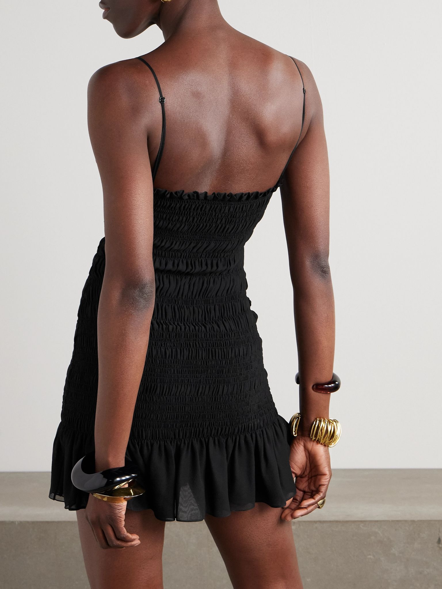Smocked ruffled silk-crepon mini dress Black - 3