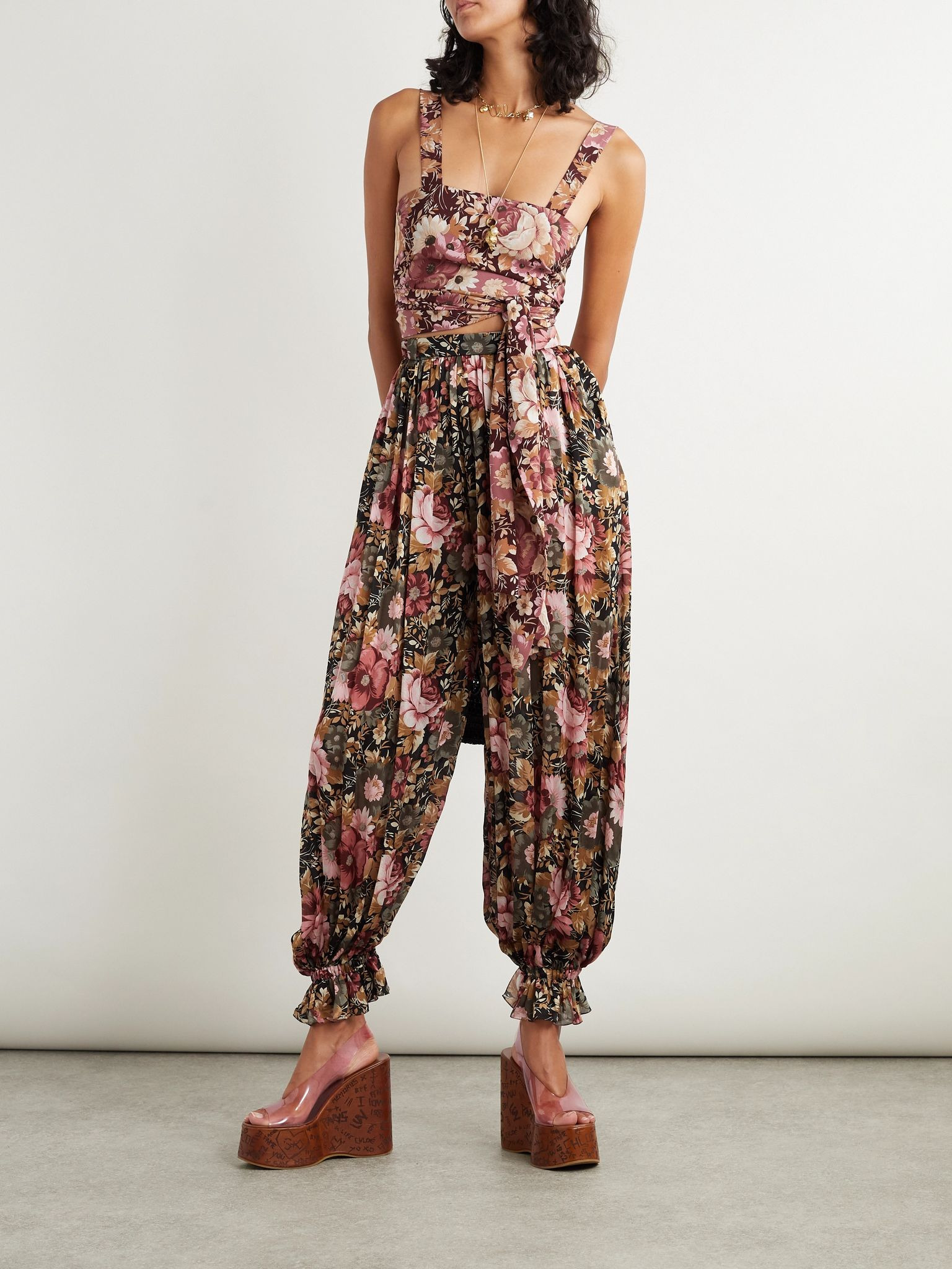 Pleated cropped floral-print silk-charmeuse wide-leg pants Pink - 2