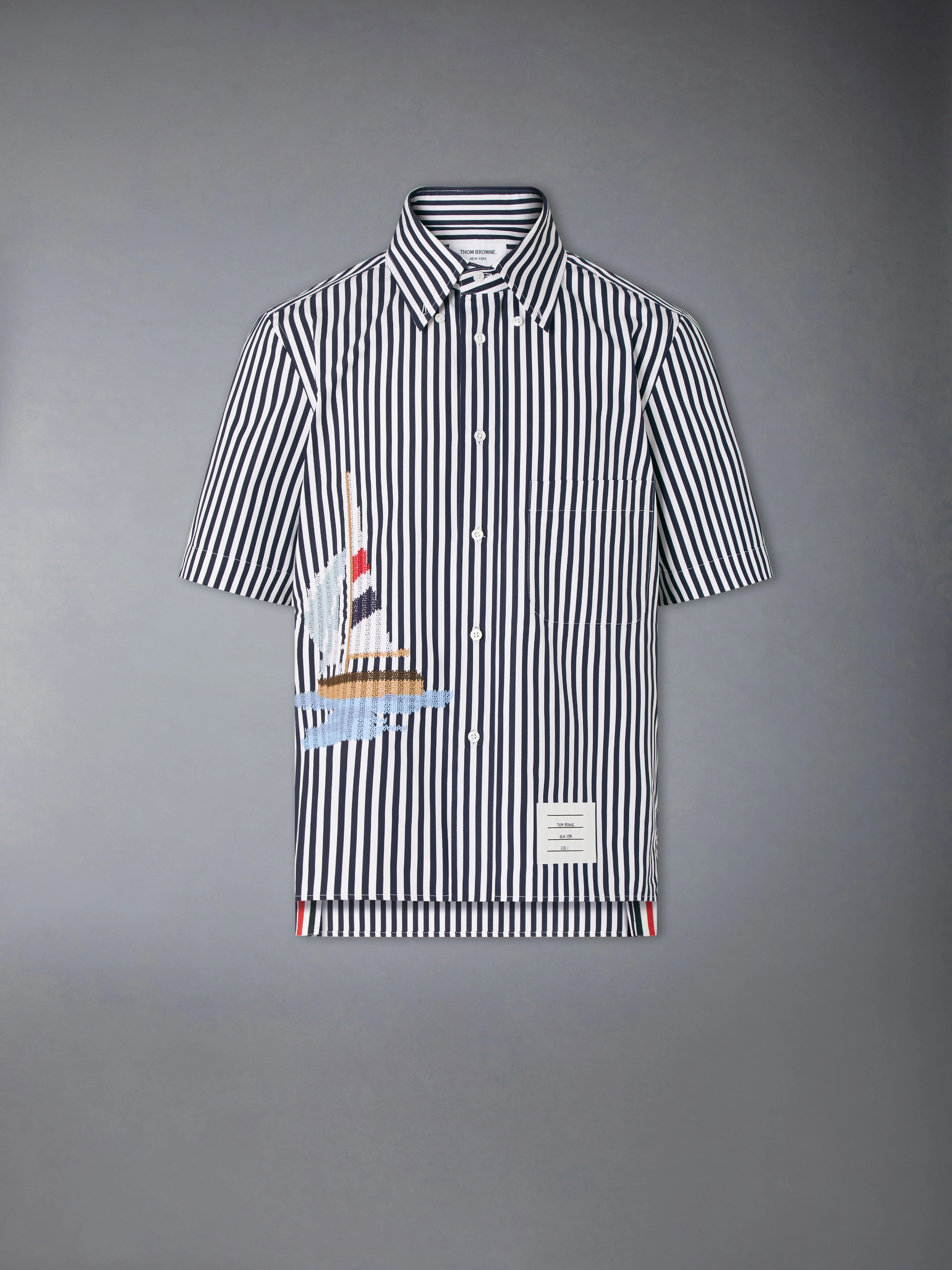 STRIPED SAILBOAT EMBROIDERY SHORT SLEEVE SHIRT - 1