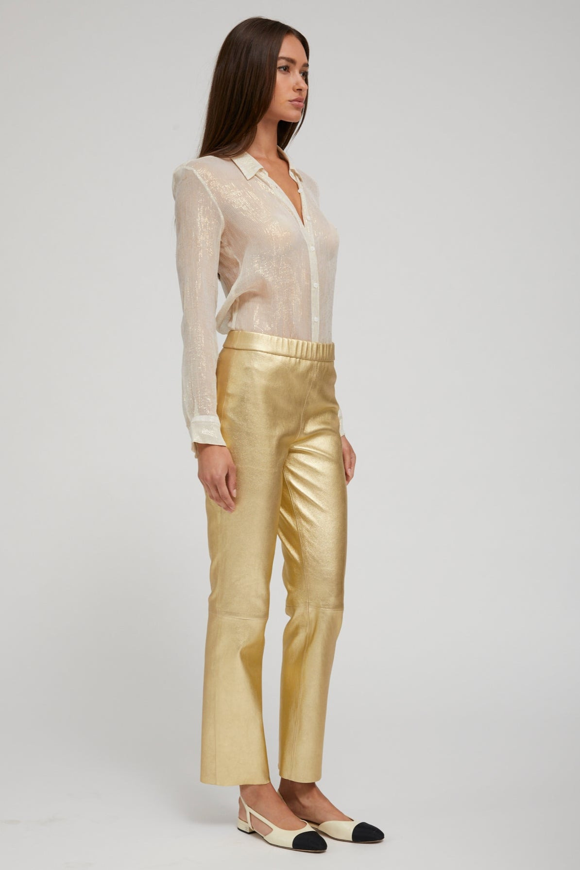 OFF WHITE & GOLD SILK FITTED BUTTON DOWN - 5