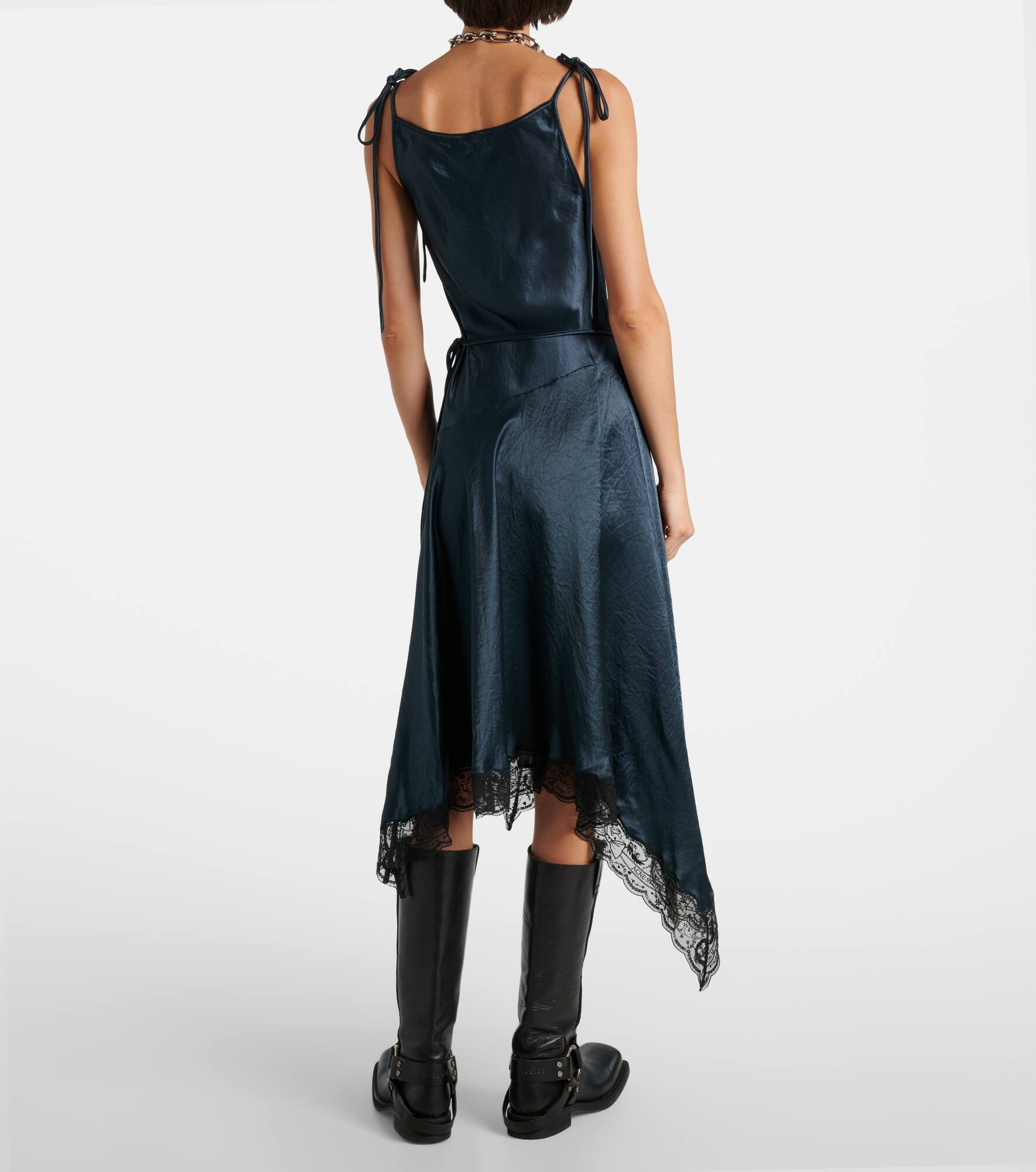 Asymmetric lace-trimmed satin minidress - 3
