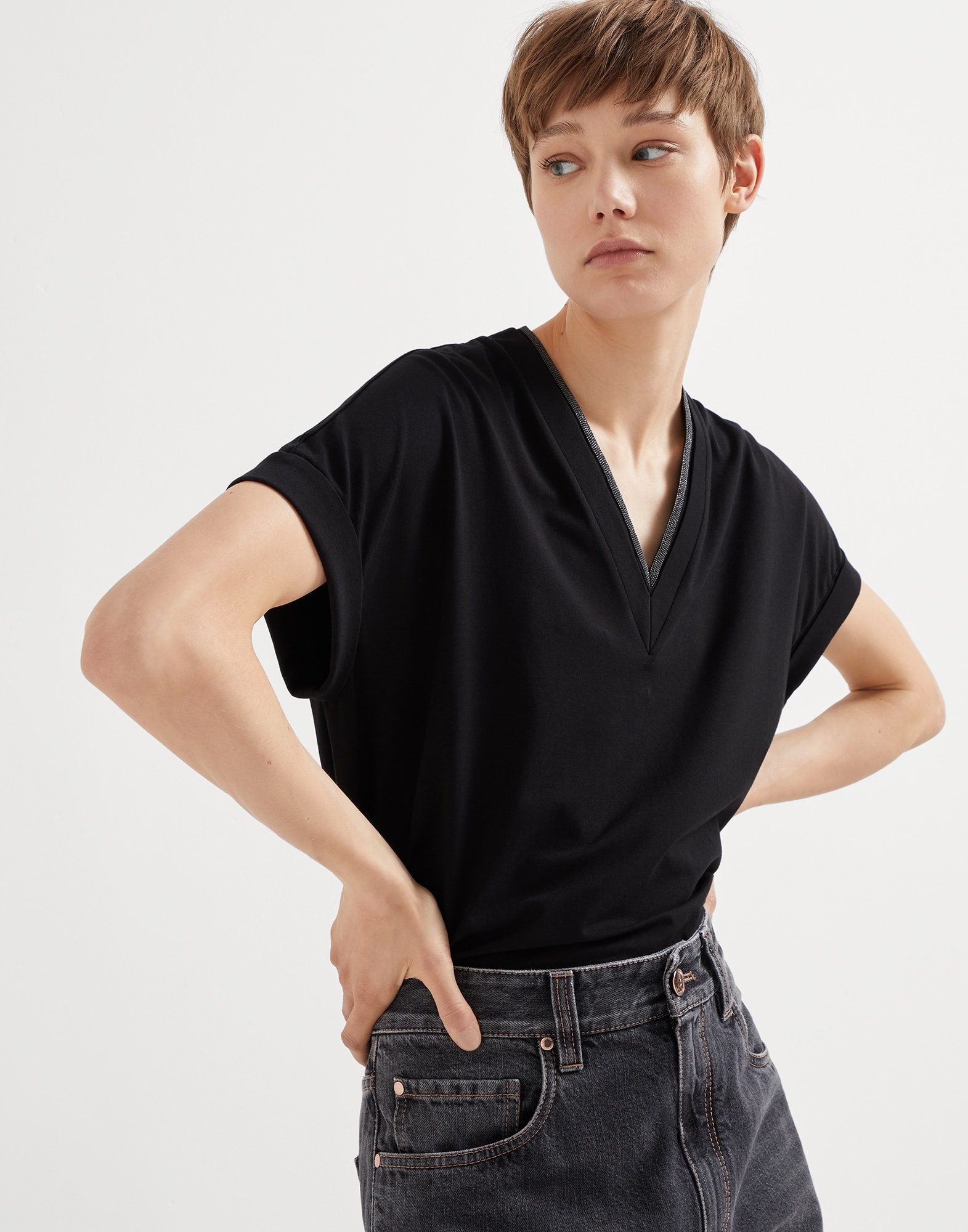 Stretch cotton jersey T-shirt with precious neckline - 4