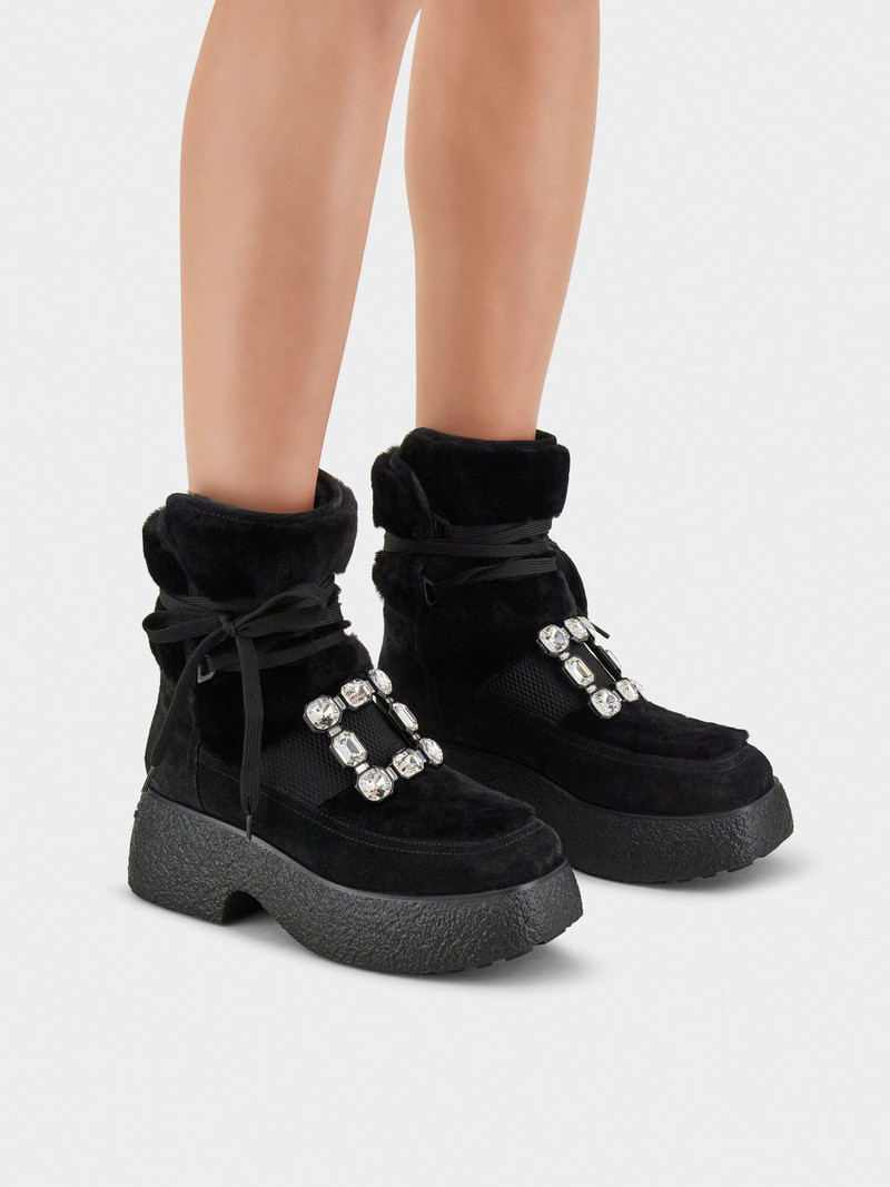 Roger Vivier Viv' Rangers Strass Buckle Flatform Booties in Suede outlook