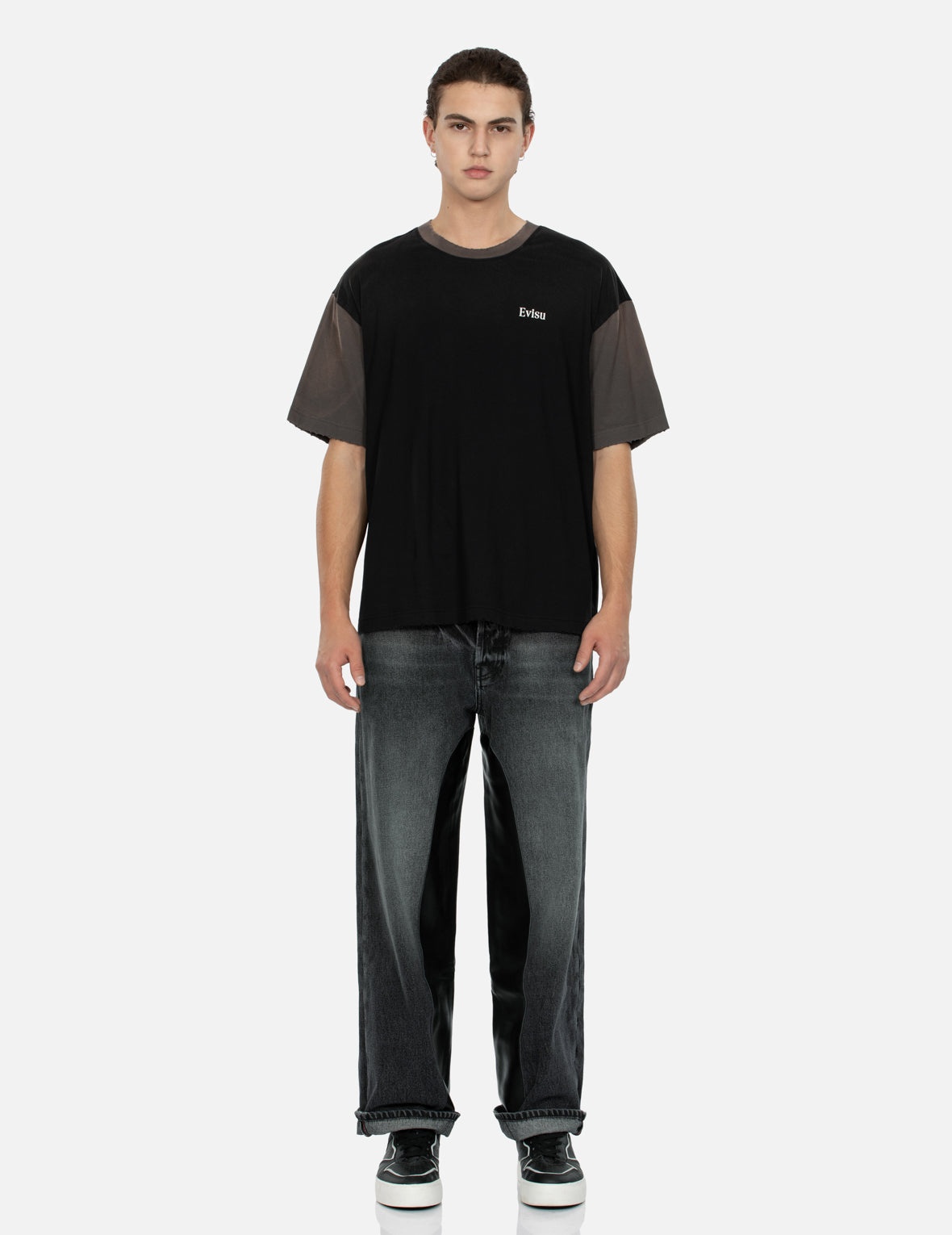 Leather Inlay and Seagull Pockets Baggy Fit Jeans - 6