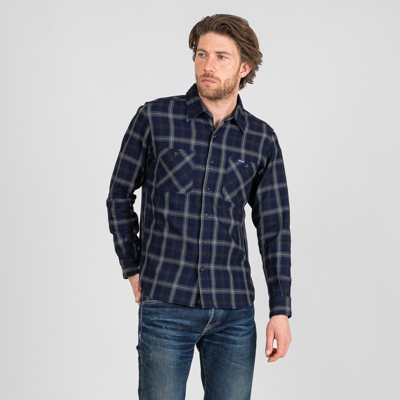 Iron Heart IHSH-412-BLK 9oz Selvedge Indigo Check Flannel Work Shirt - Black outlook