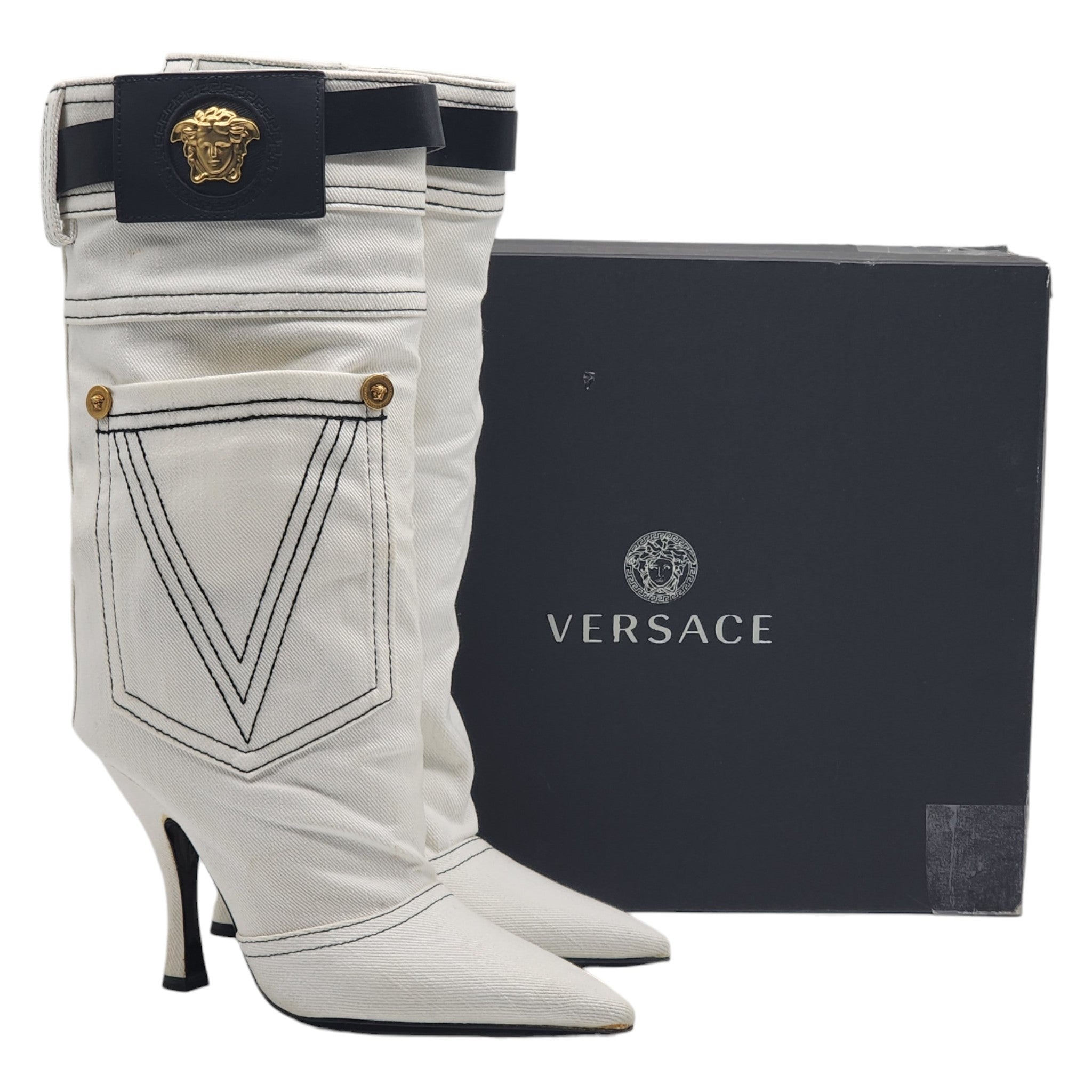Versace Denim Cowboy Boots White 36 - 13