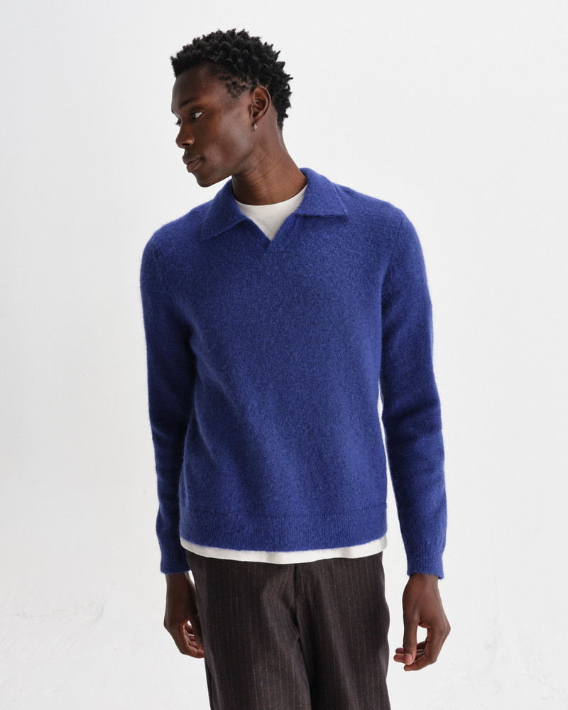 Wax London Carter - Blue Open Collar Fluffy Wool Knit Polo outlook