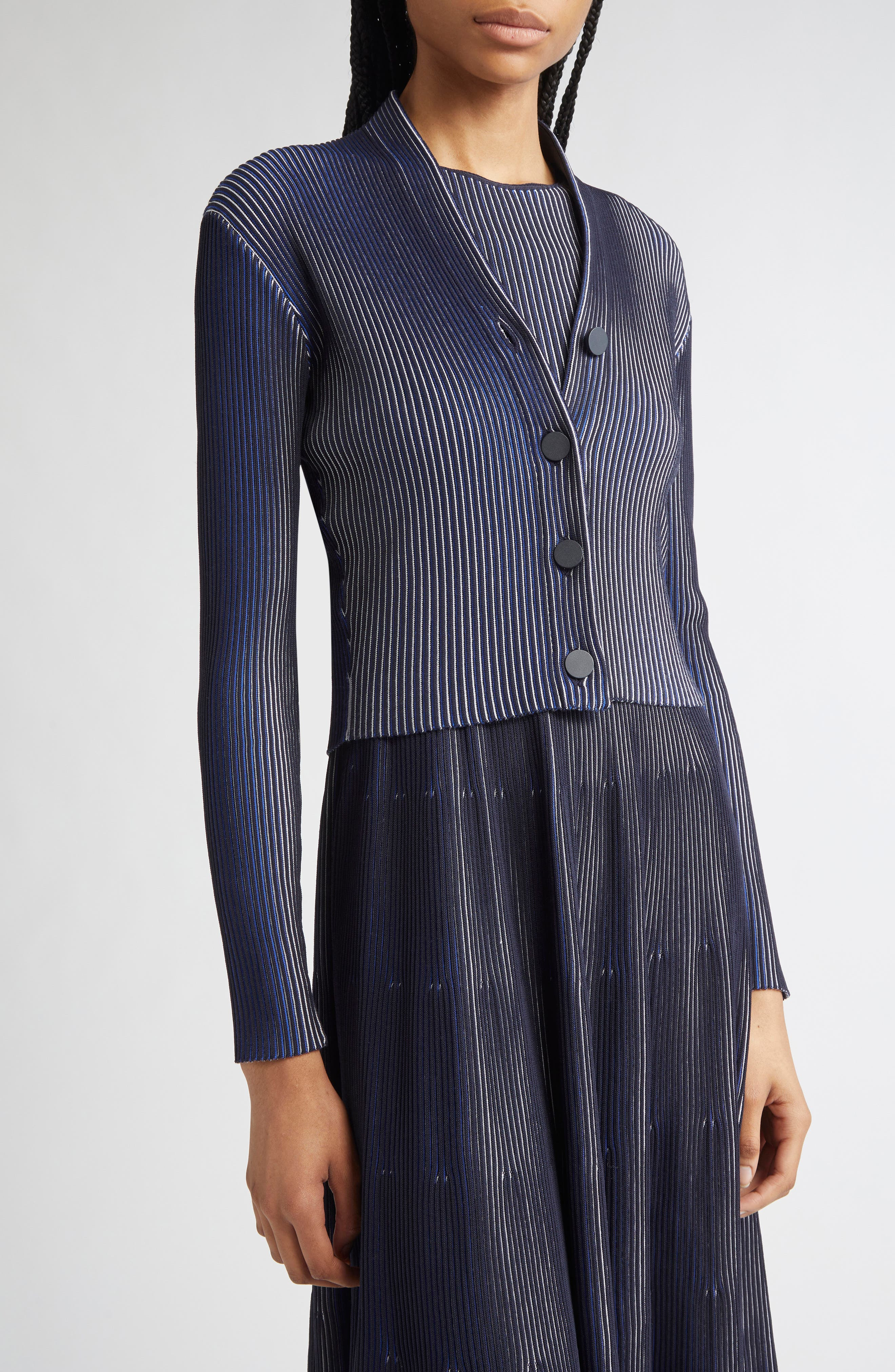 Emporio Armani Stripe Rib Cardigan in Black/Navy at Nordstrom - 5