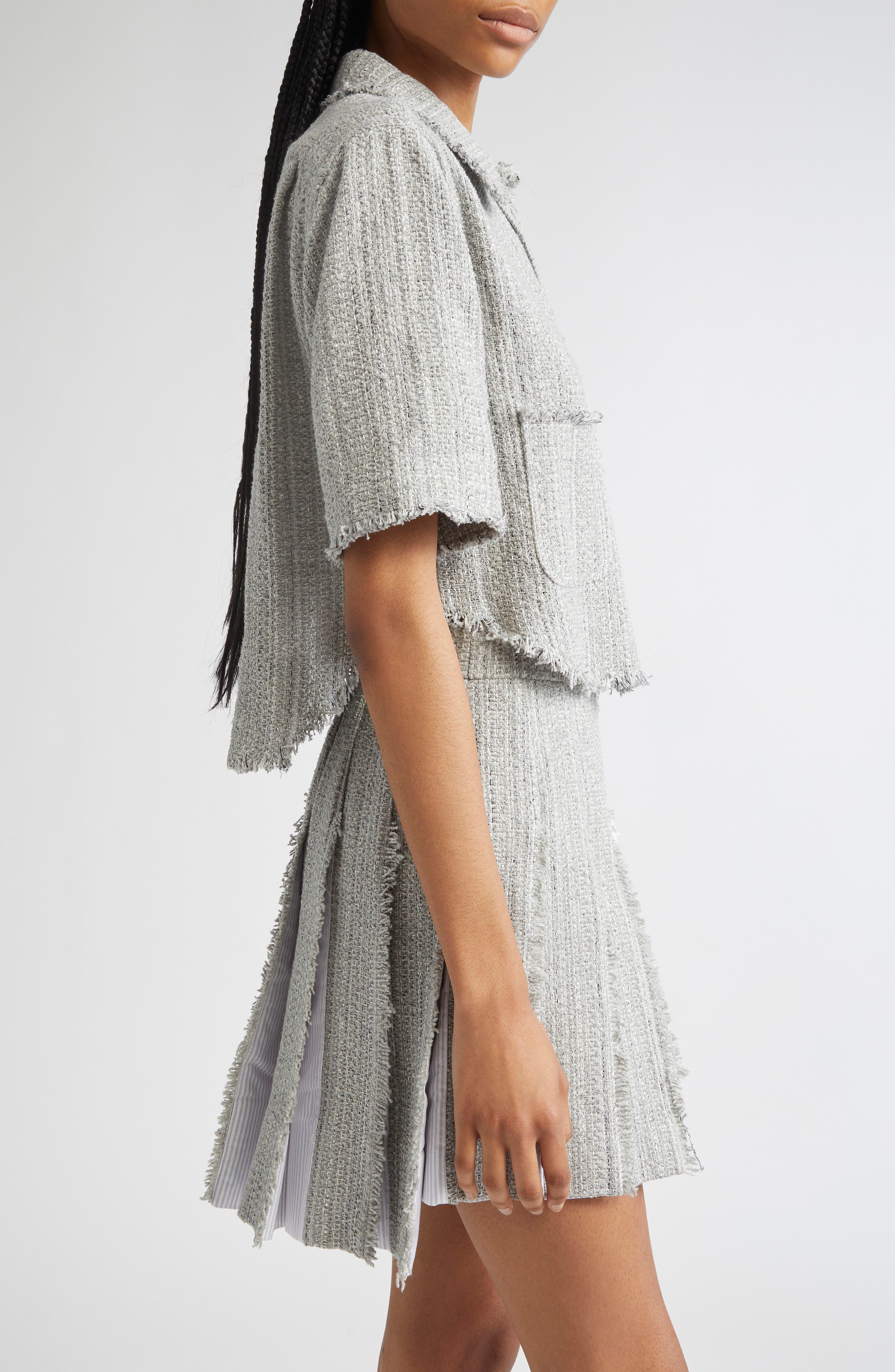 Thom Browne 4-Bar Short Sleeve Eyelash Tweed Crop Shirt Jacket in Medium Grey at Nordstrom - 4