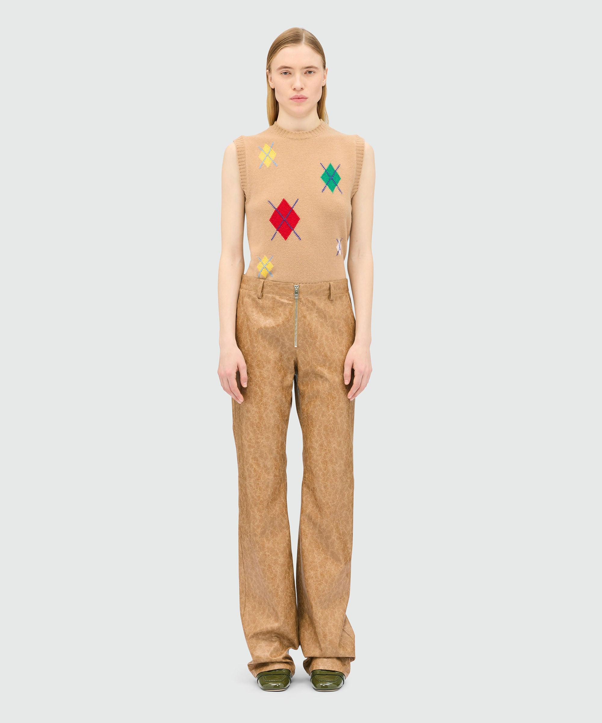 Beige crackled faux leather flared trousers - 2