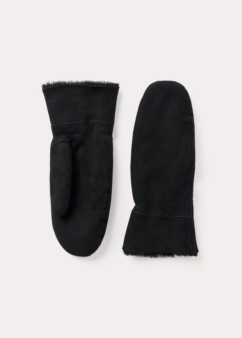 Suede shearling mittens black 1