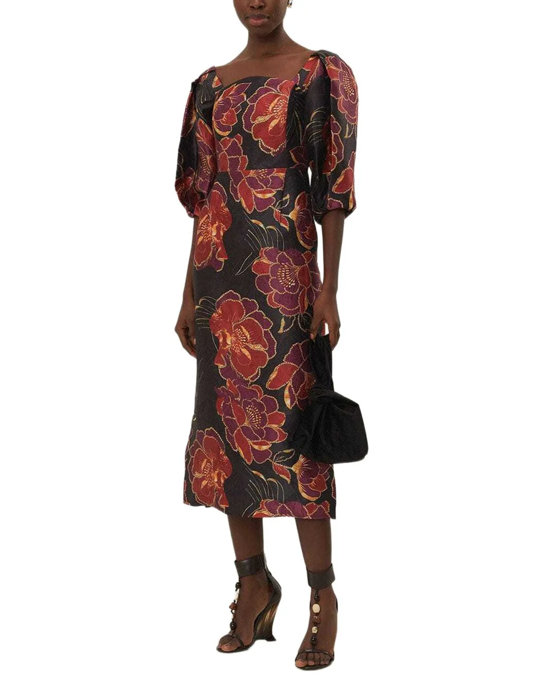 FARM Rio Shiny Chita Black Short Sleeve Midi Dress - 1