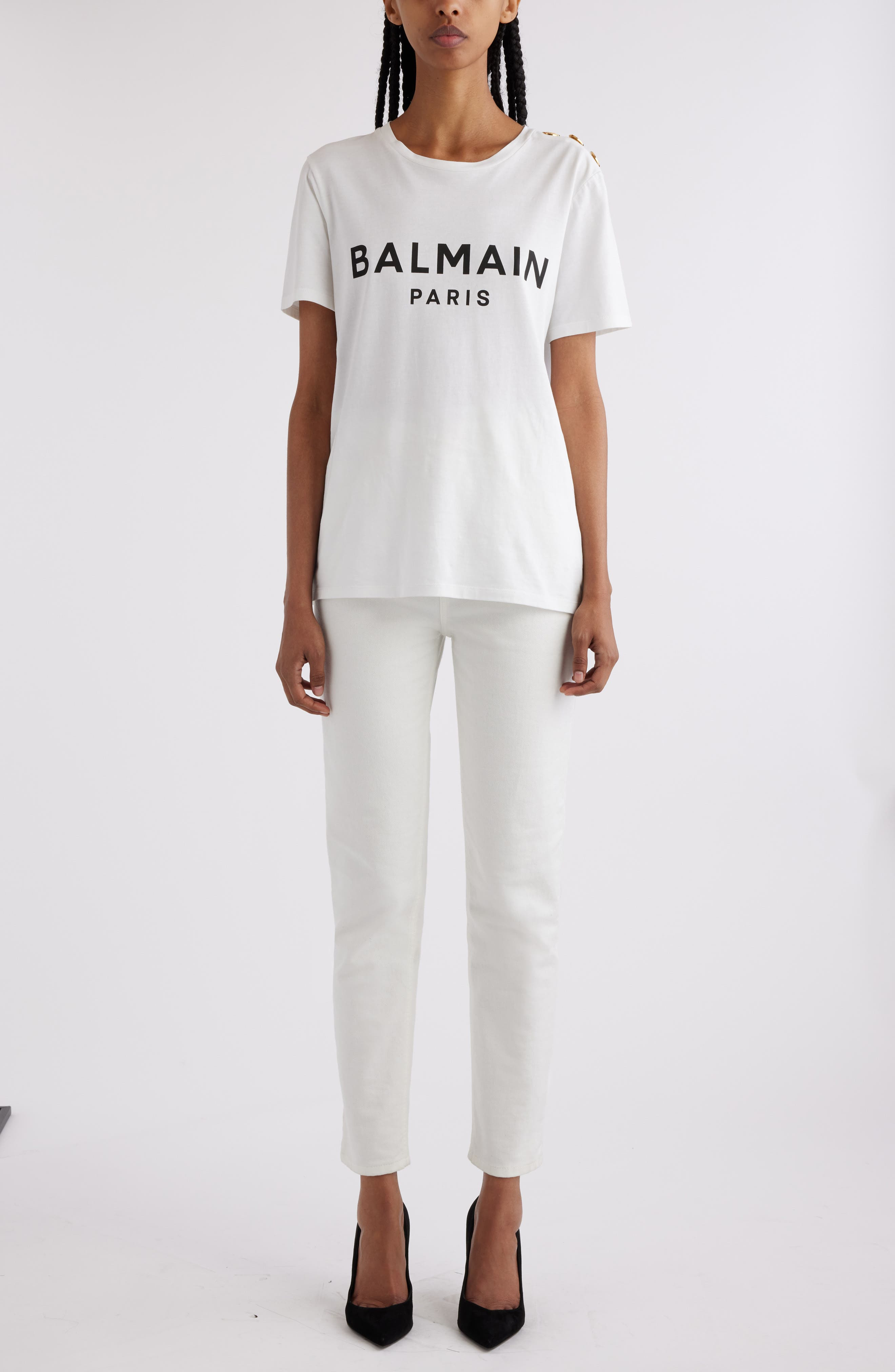 Balmain Button Shoulder Cotton Logo Graphic T-Shirt in Gab White/Black at Nordstrom - 2