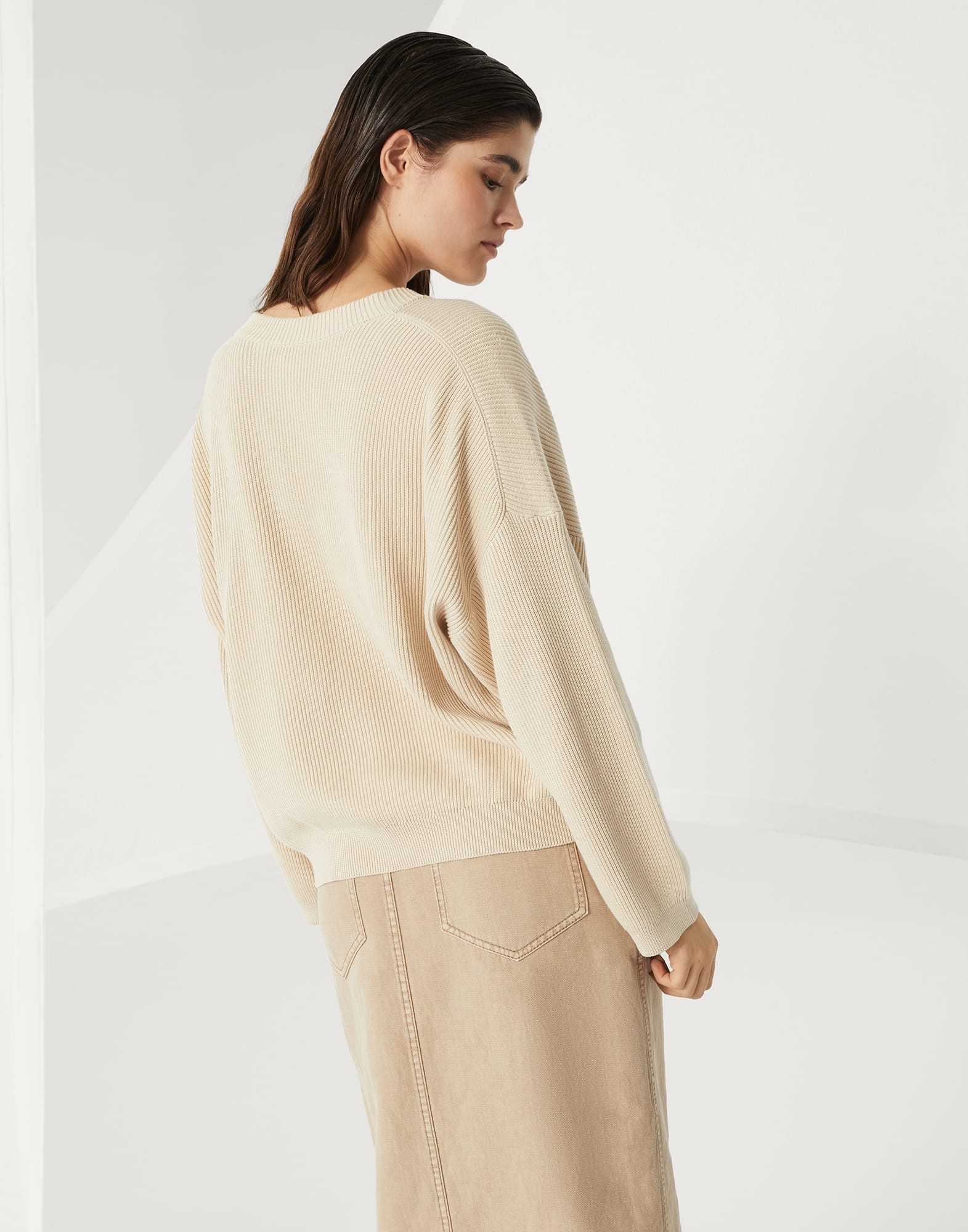 Cotton English rib sweater with shiny detail - 2