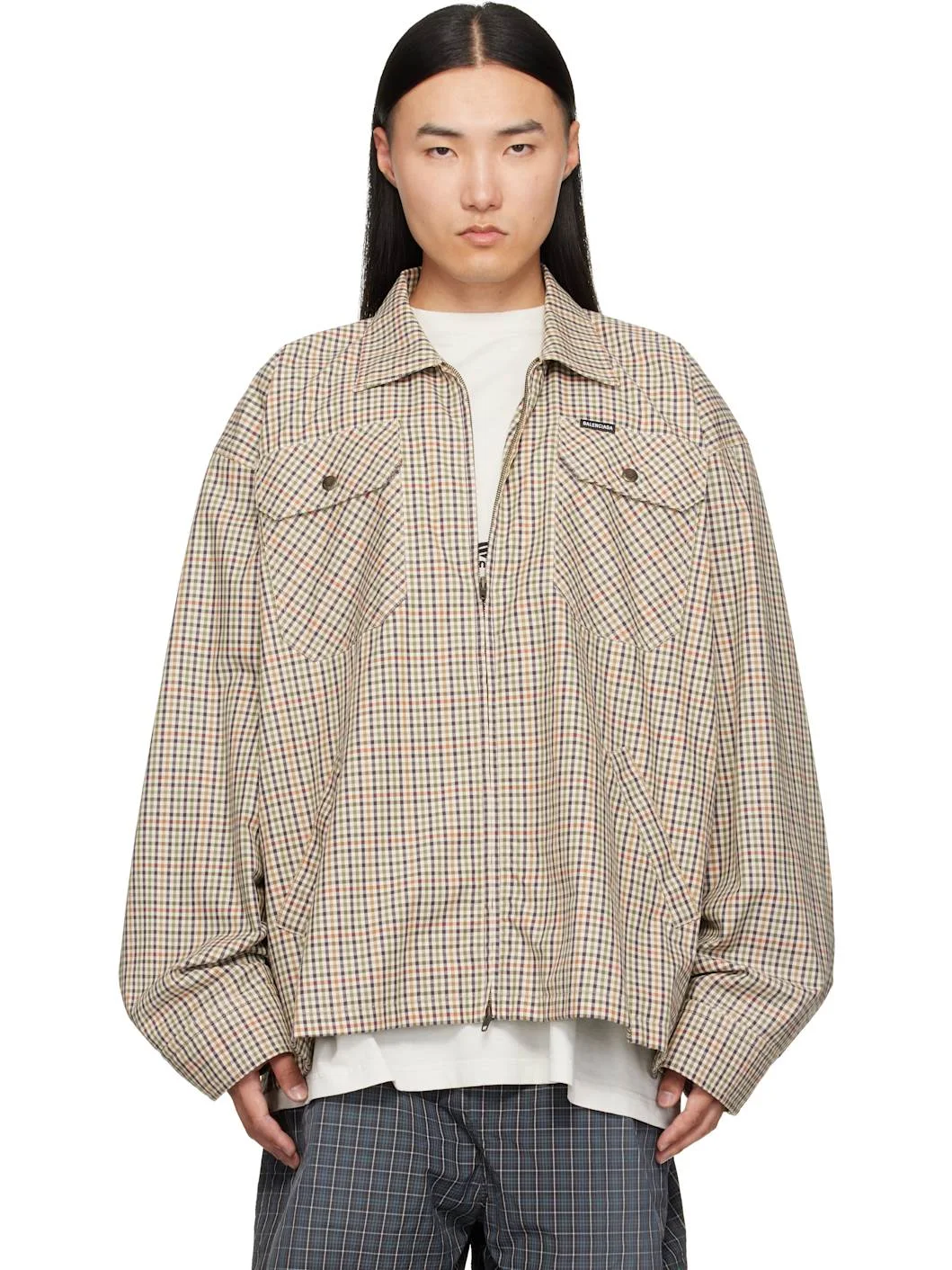 Beige Check Flannel Zip-Up Shirt - 1