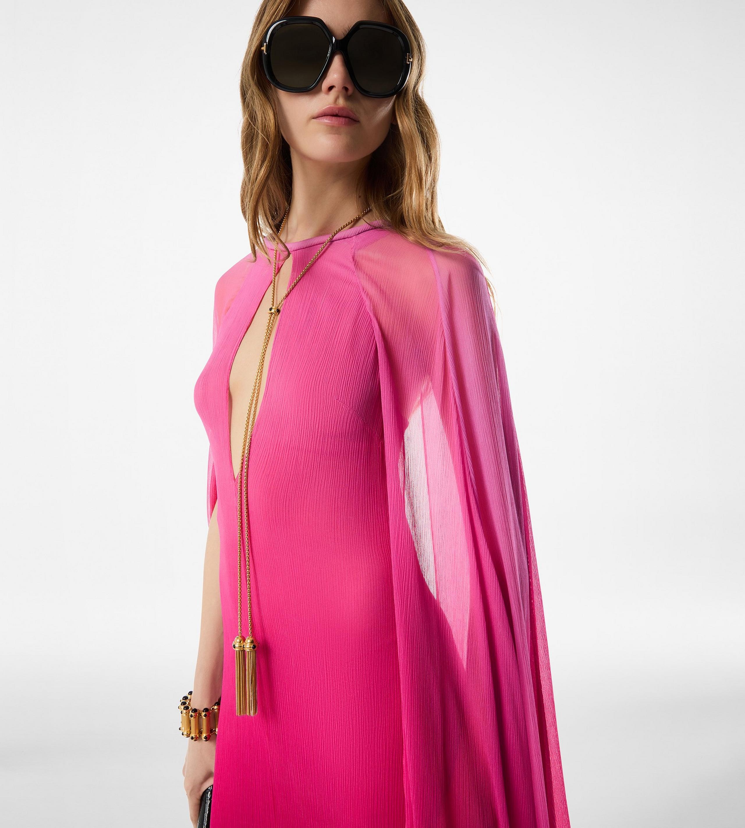 EVENING DRESS WITH KEYHOLE NECKLINE AND LONG CAPE SLEEVES - 2
