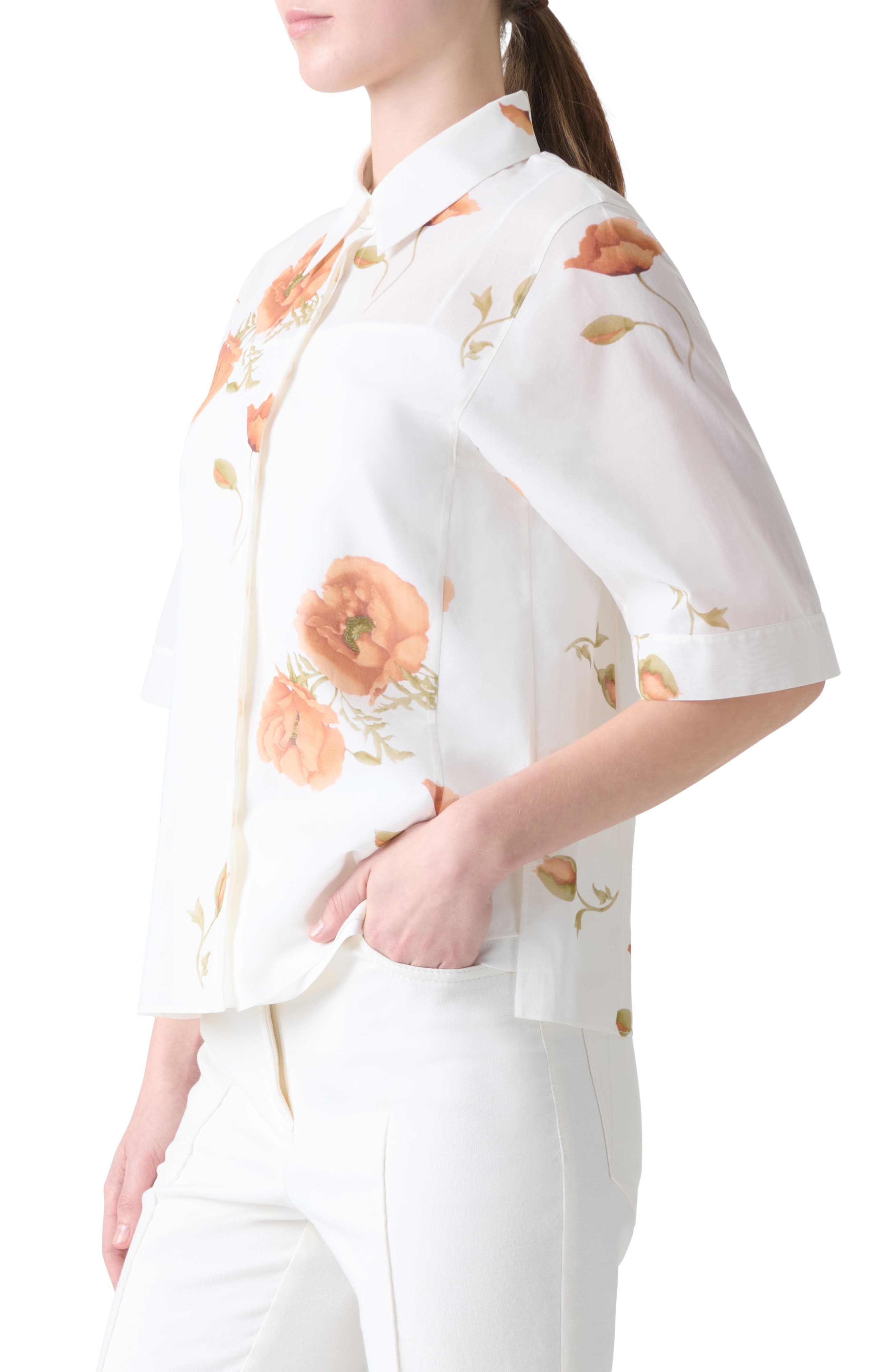 Akris Poppy Print Short Sleeve Button-Up Shirt in Ecru Terra at Nordstrom - 3