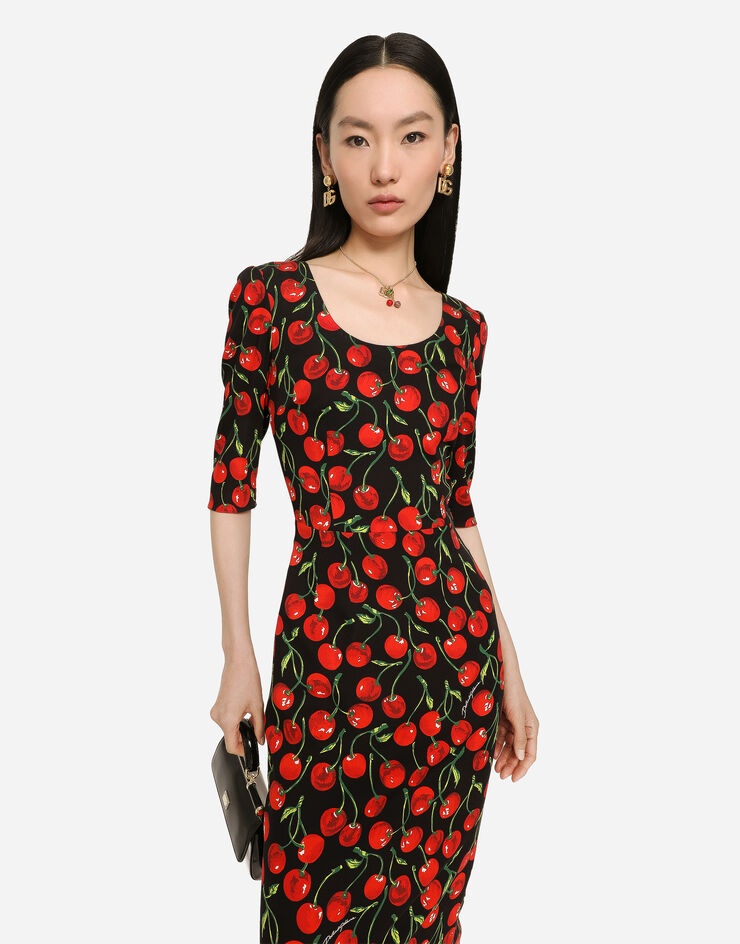 Cherry-print charmeuse calf-length dress - 4