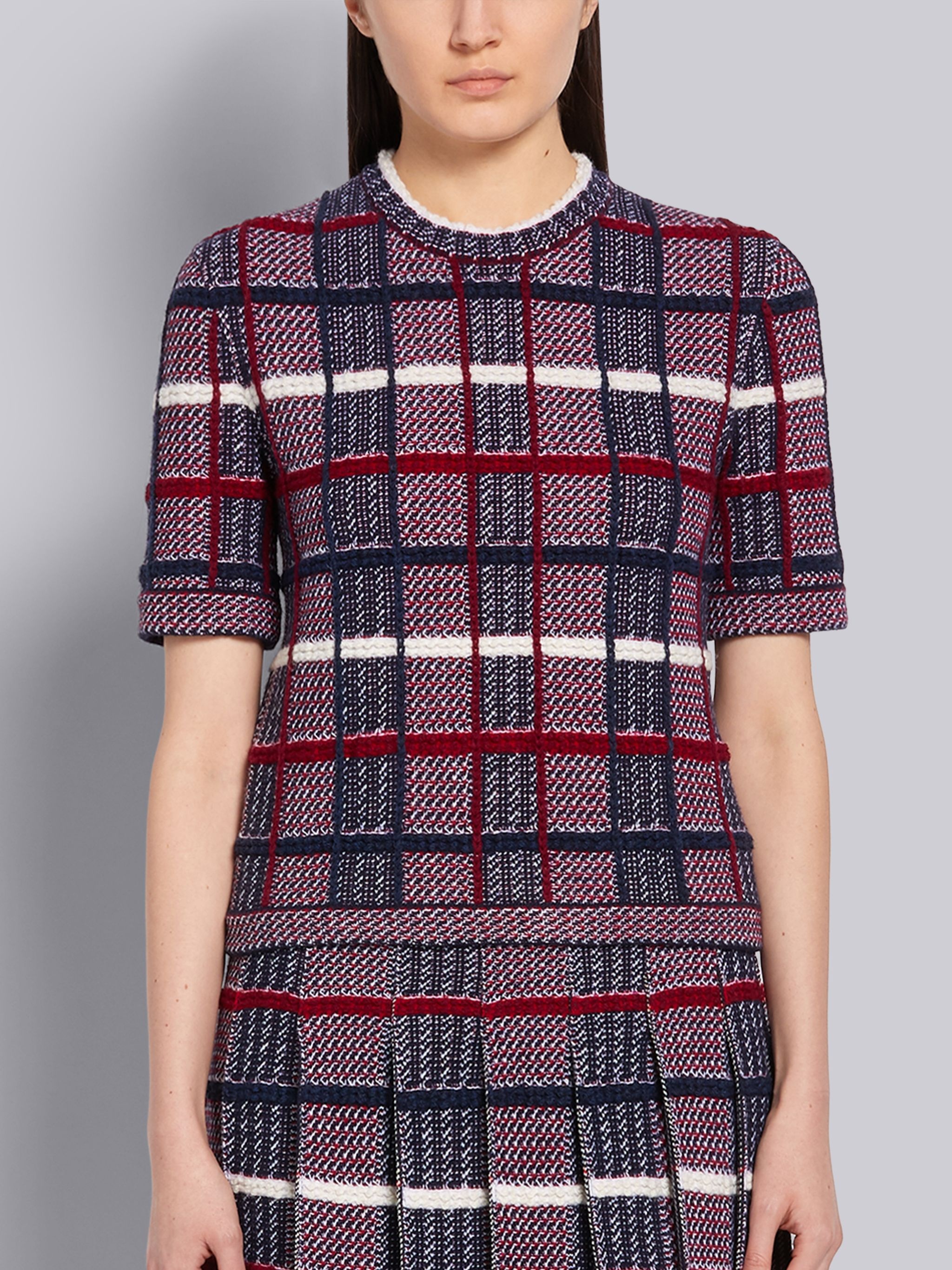 Tricolor Shetland Merino Wool Check Jacquard Inlay Short Sleeve Tee - 1