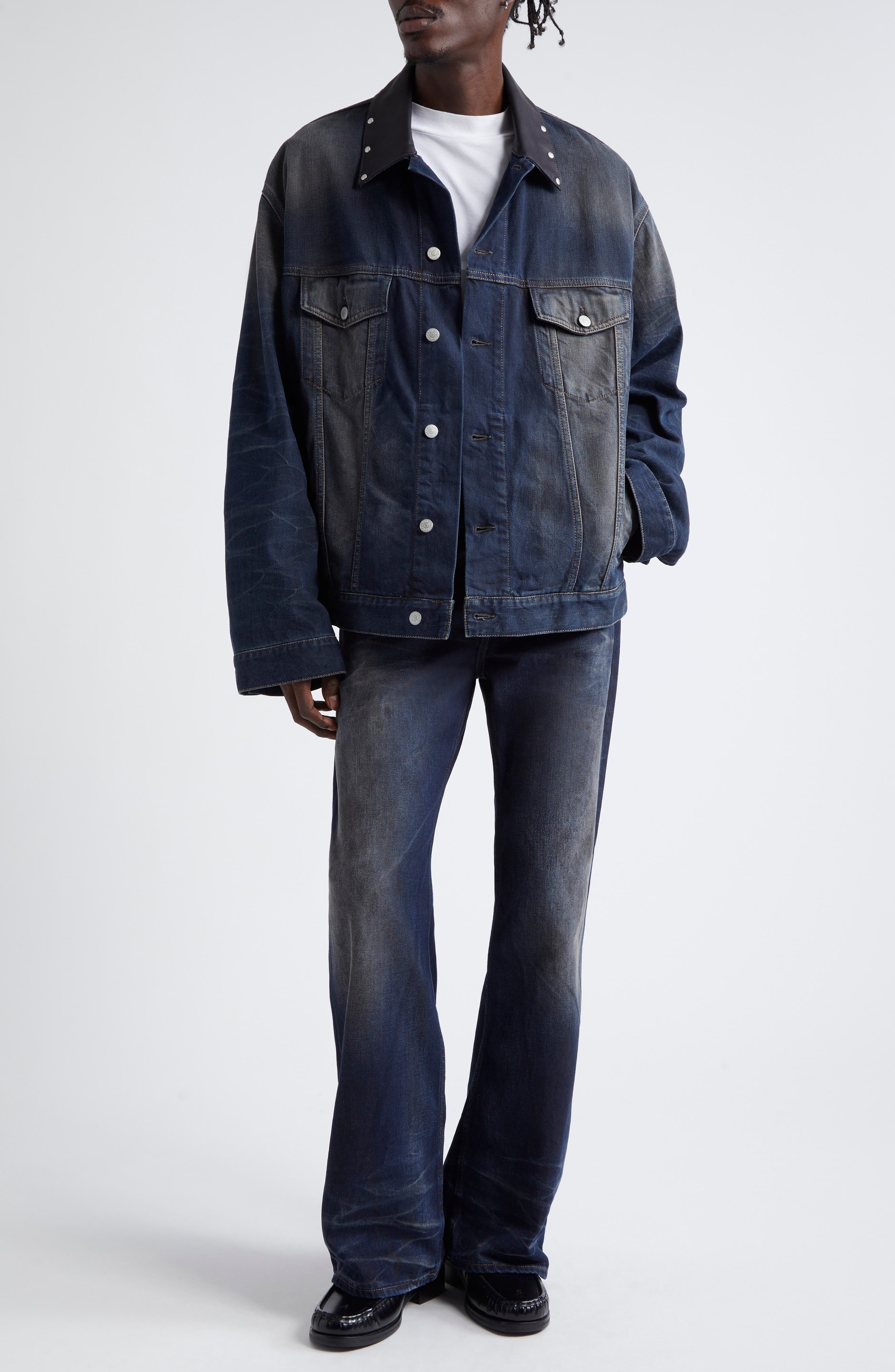 Acne Studios Leather Collar Oversize Denim Jacket in Dark Blue at Nordstrom - 2
