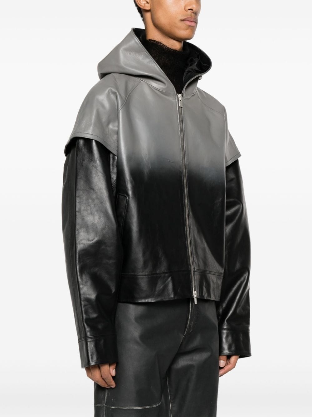 gradient-effect hooded lather jacket - 3