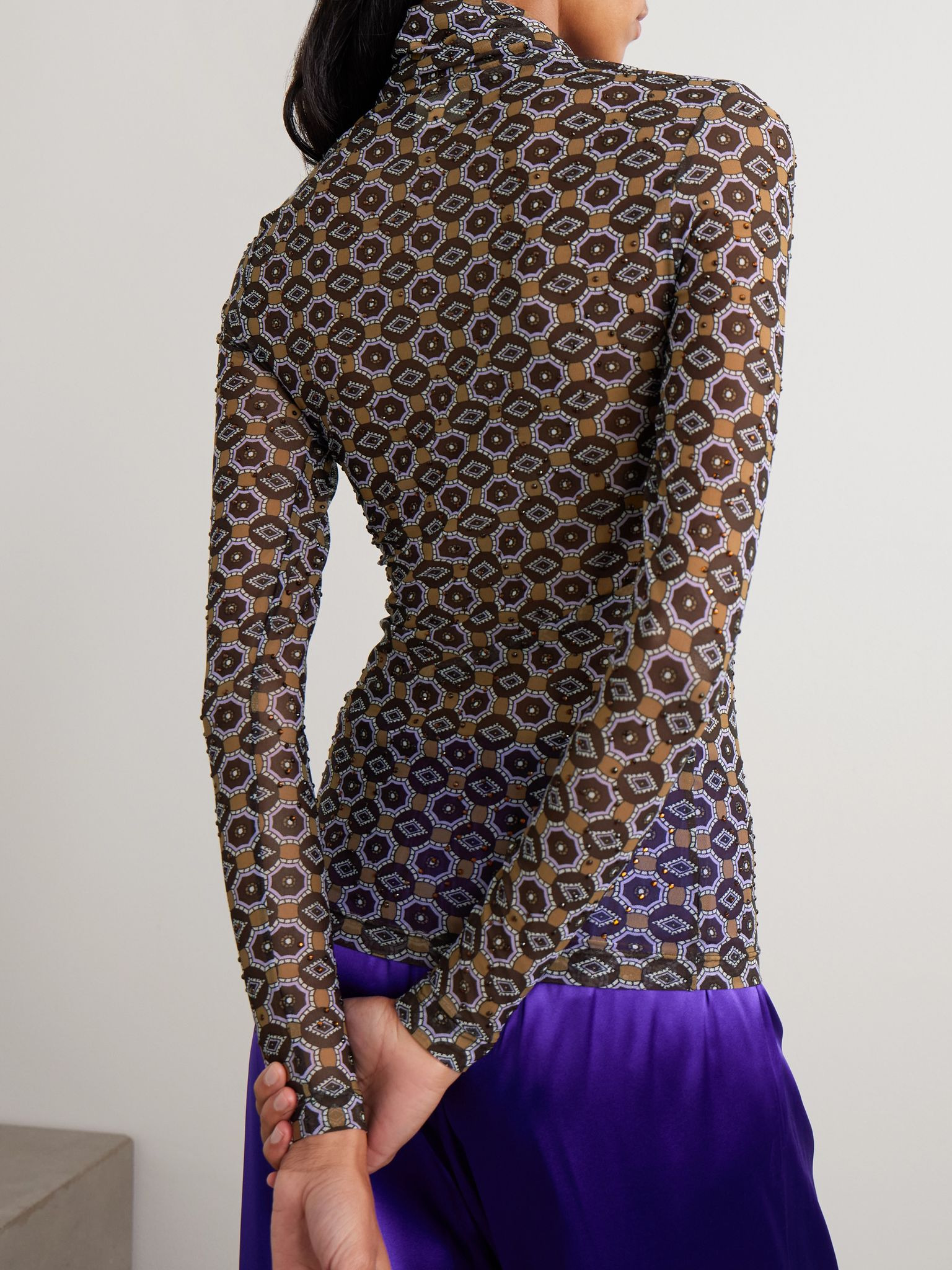 Crystal-embellished printed stretch-mesh turtleneck top Brown - 4