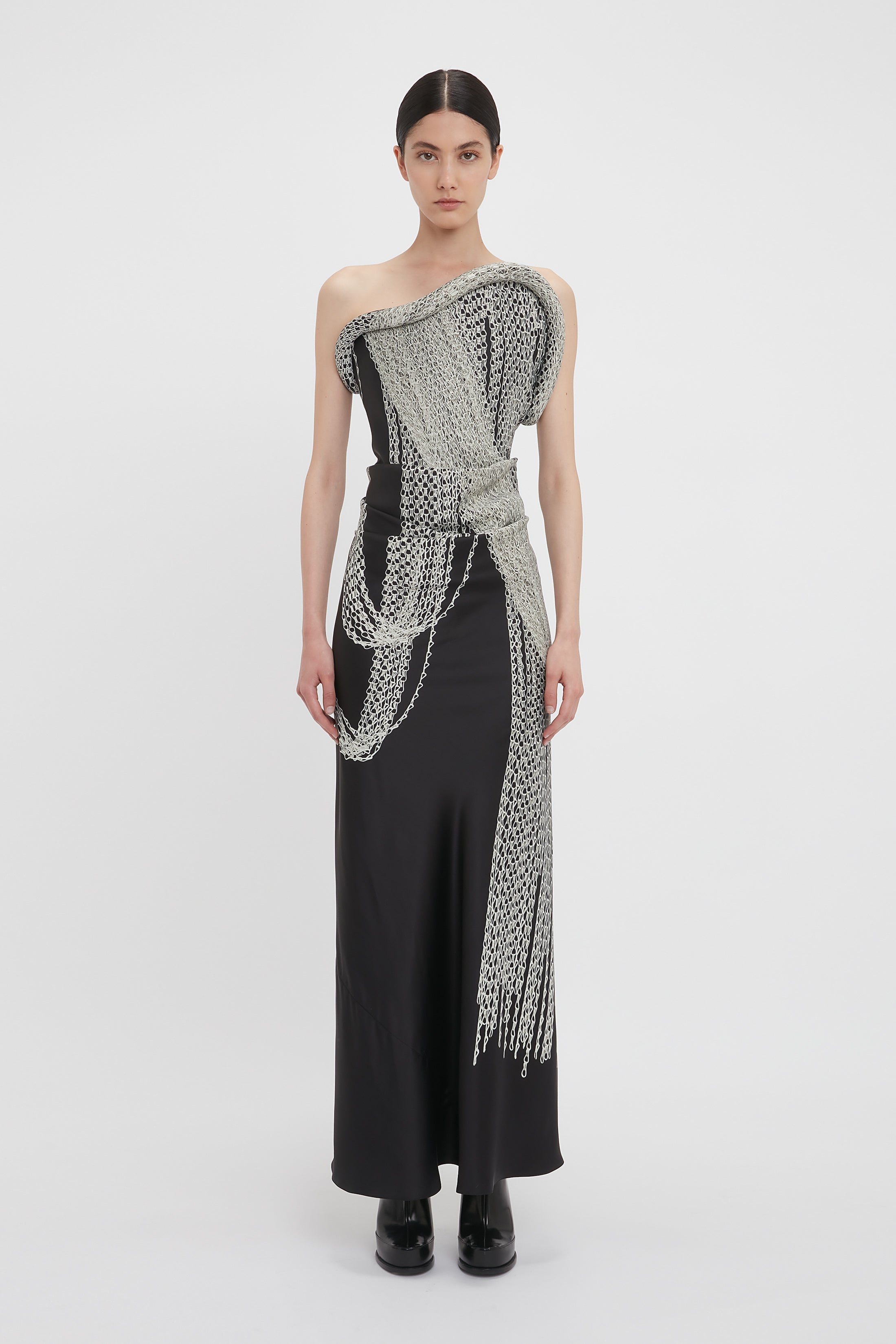 Asymmetric Corset Detail Gown In Black Chain Print - 2