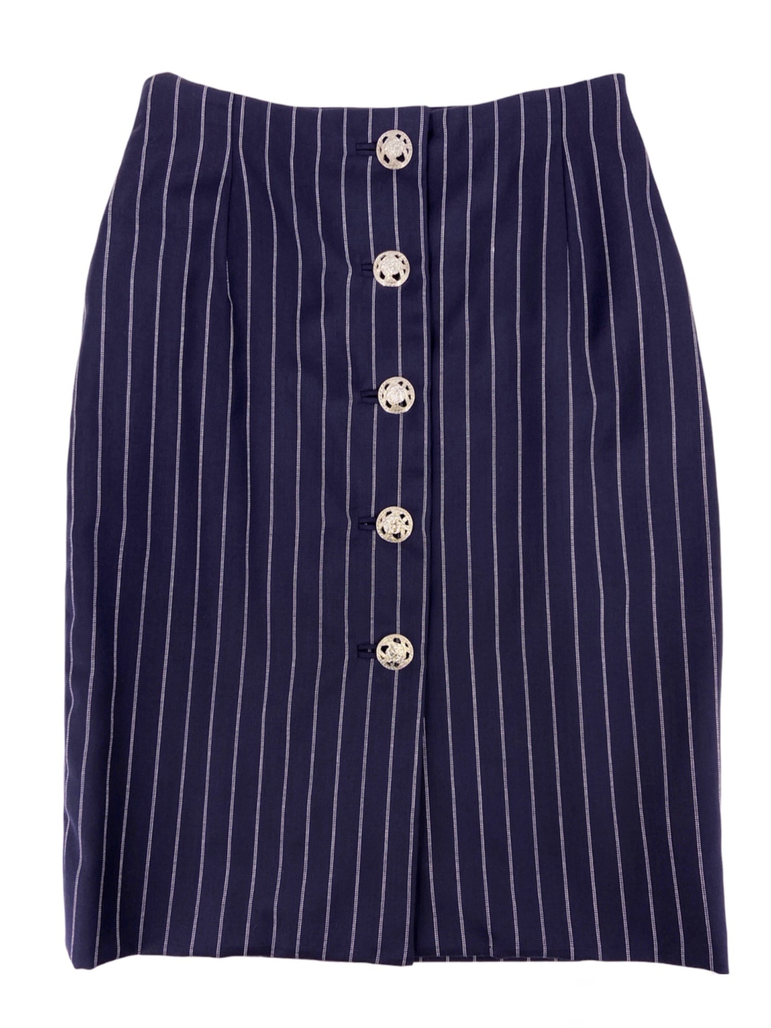 Gianni Versace Spring 1995 Navy Double Pinstriped Wrap Skirt Suit 42 - 14