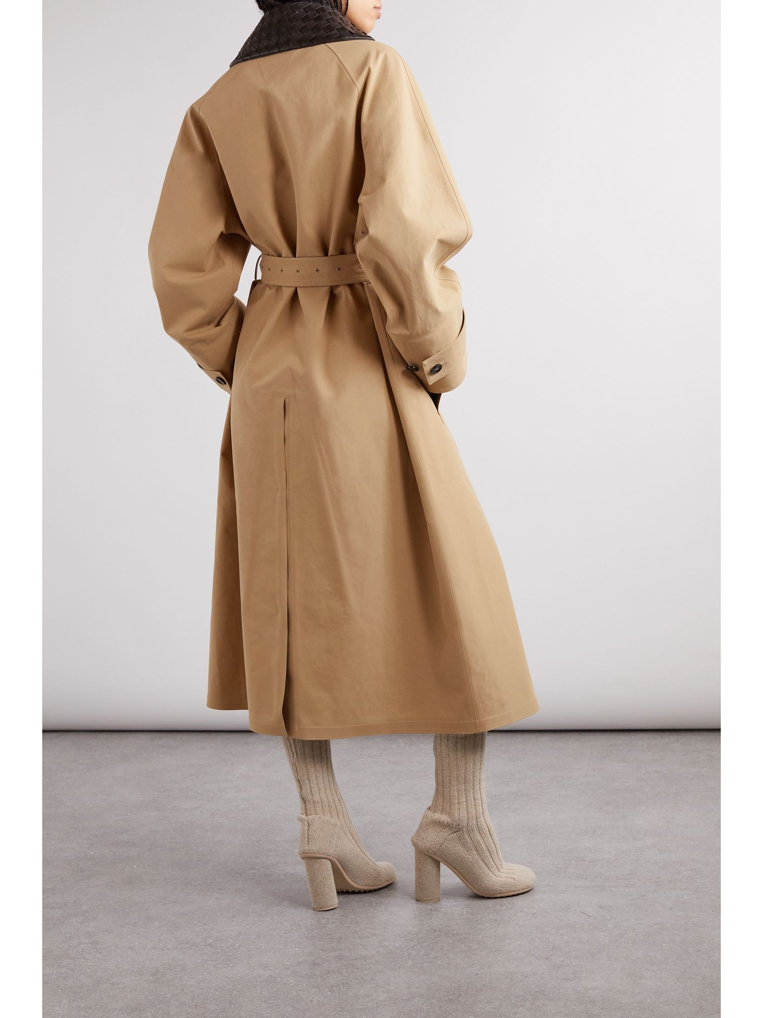 Belted leather-trimmed cotton-garbardine trench coat Beige - 3