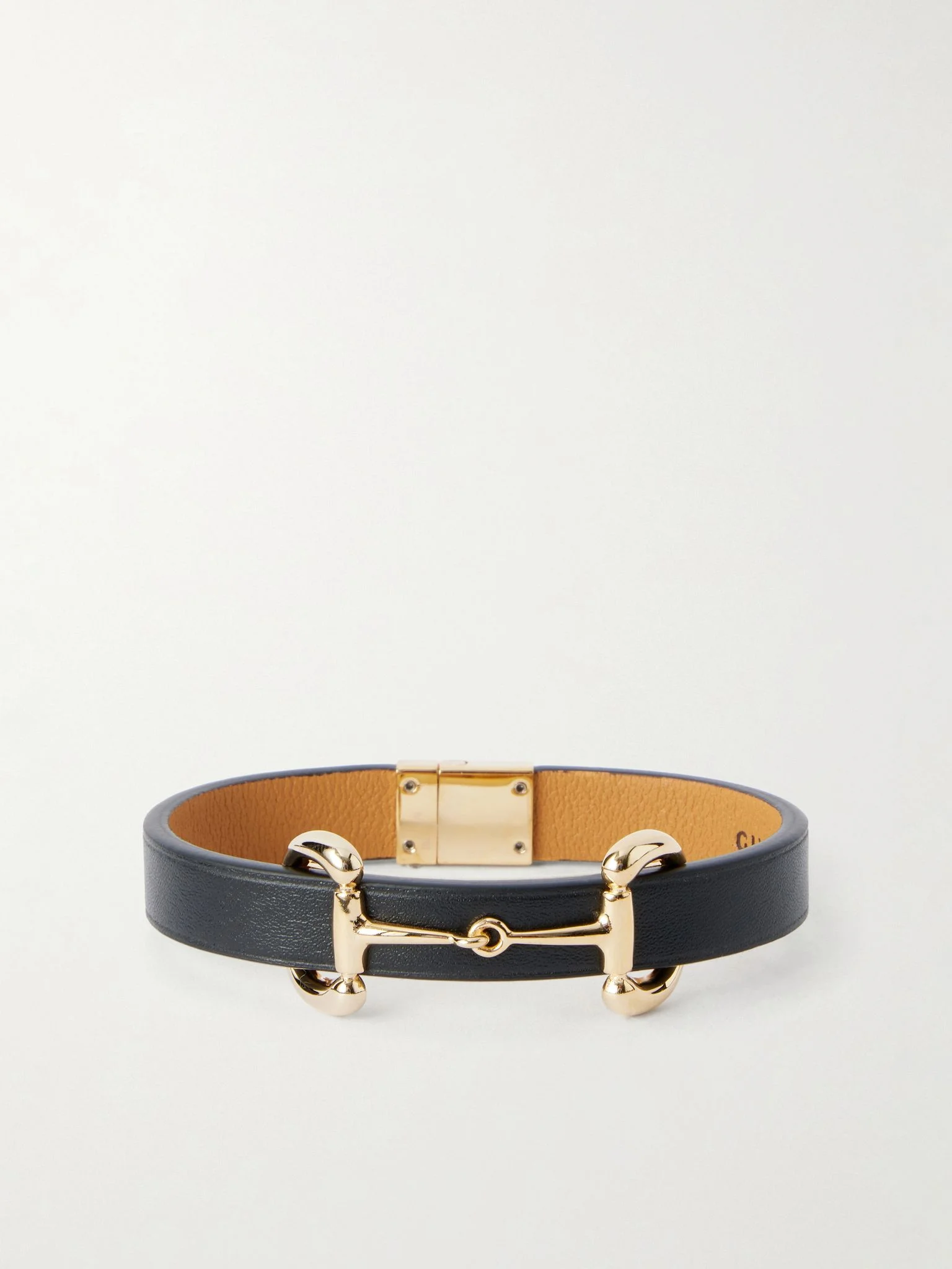 Horsebit-Embellished Gold-Tone and Leather Bracelet Black - 1