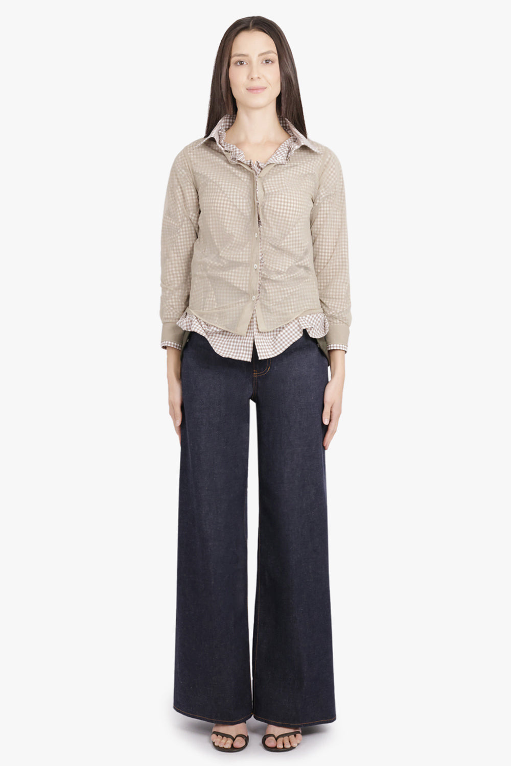 LAYERED L/S SHIRT WITH CHECK RUCHING DETAIL | CAMEL/WHITE - 4