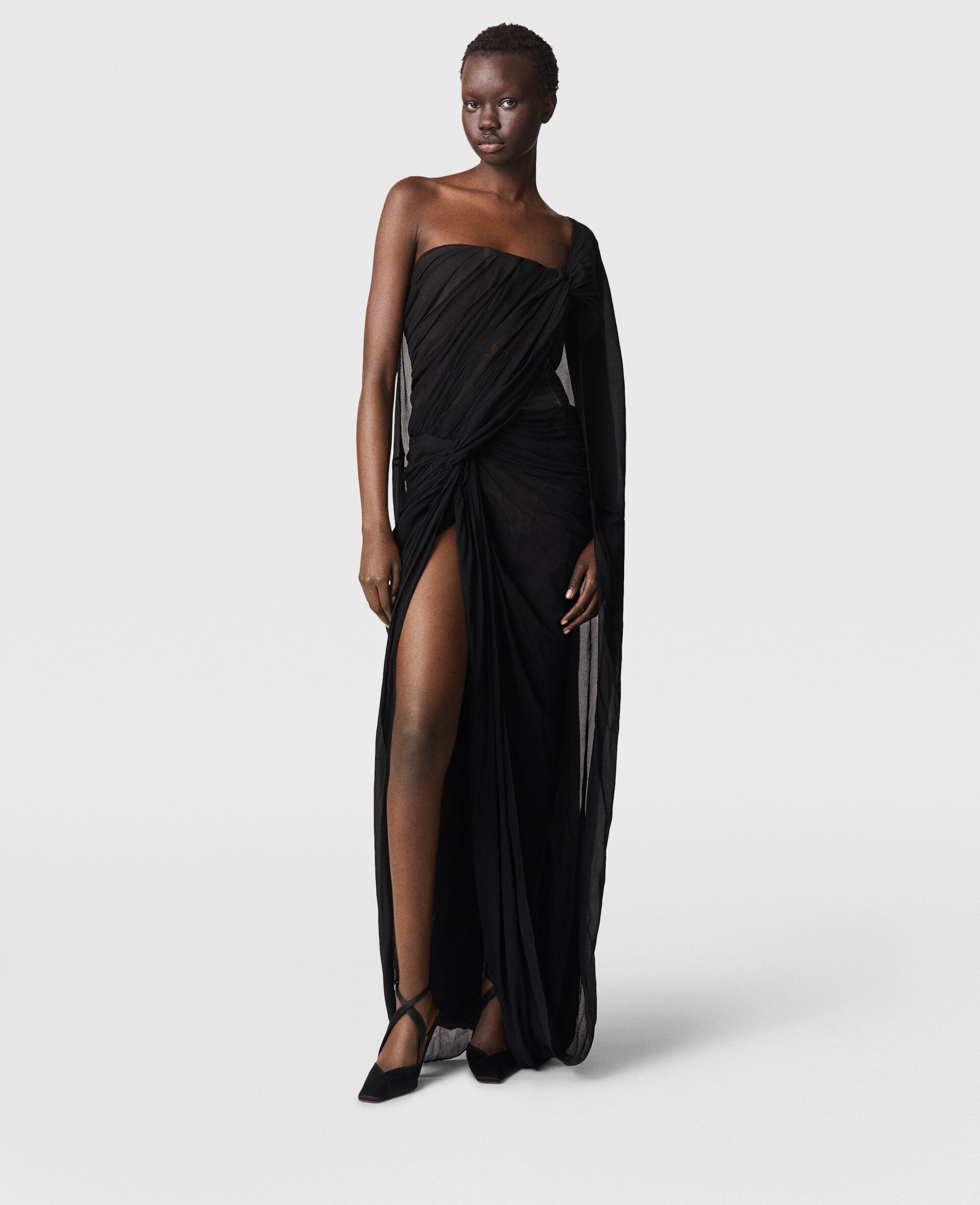 Ruched Knotted Sheer Panel Maxi Dress - 2