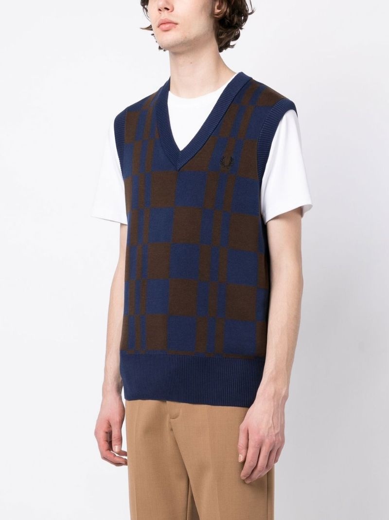 Checkerboard V-neck knitted vest - 3