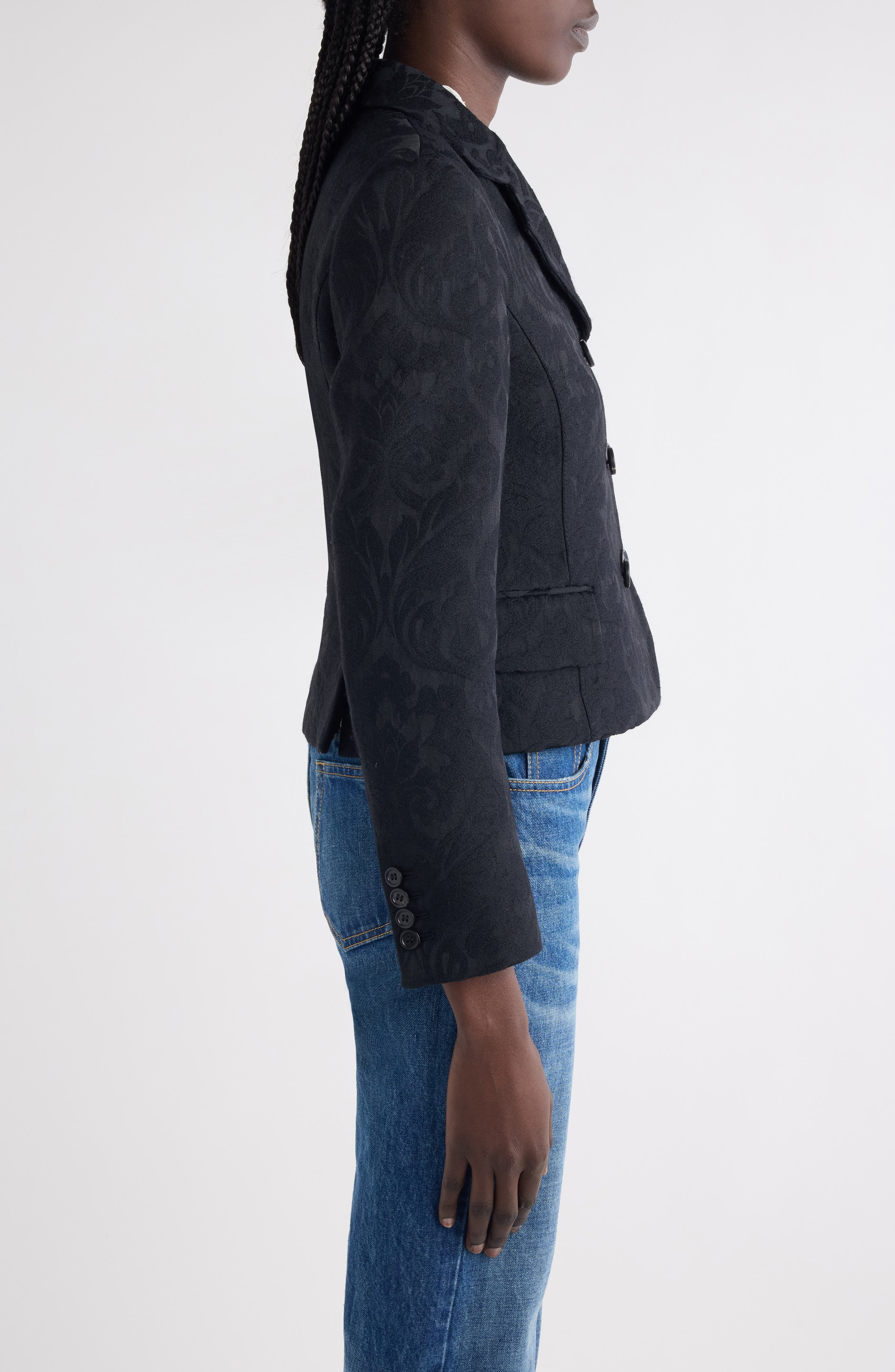 Chloé Double Breasted Floral Jacquard Wool Blend Crop Jacket in Black at Nordstrom - 4