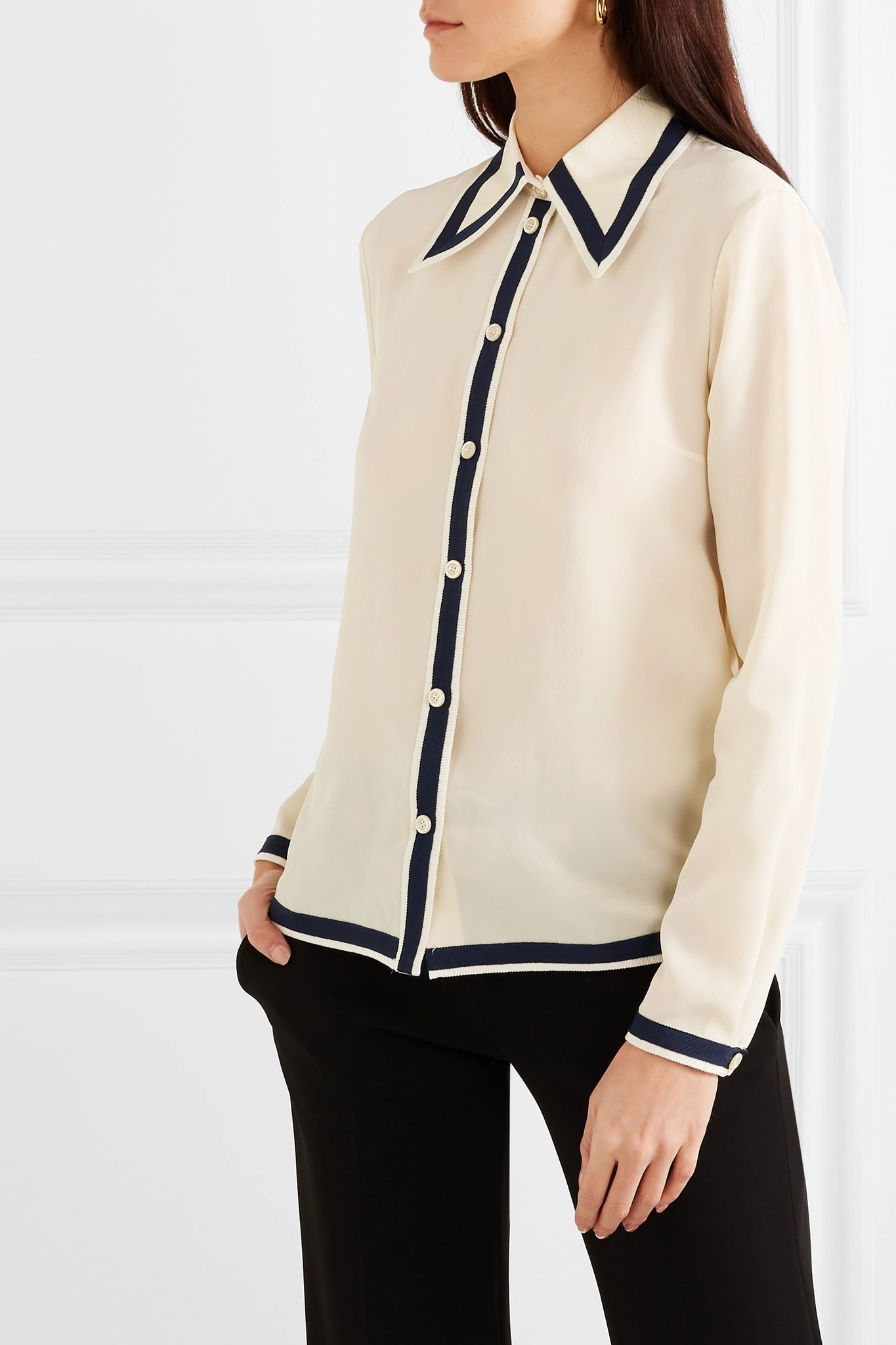 Grosgrain-trimmed silk crepe de chine shirt - 3