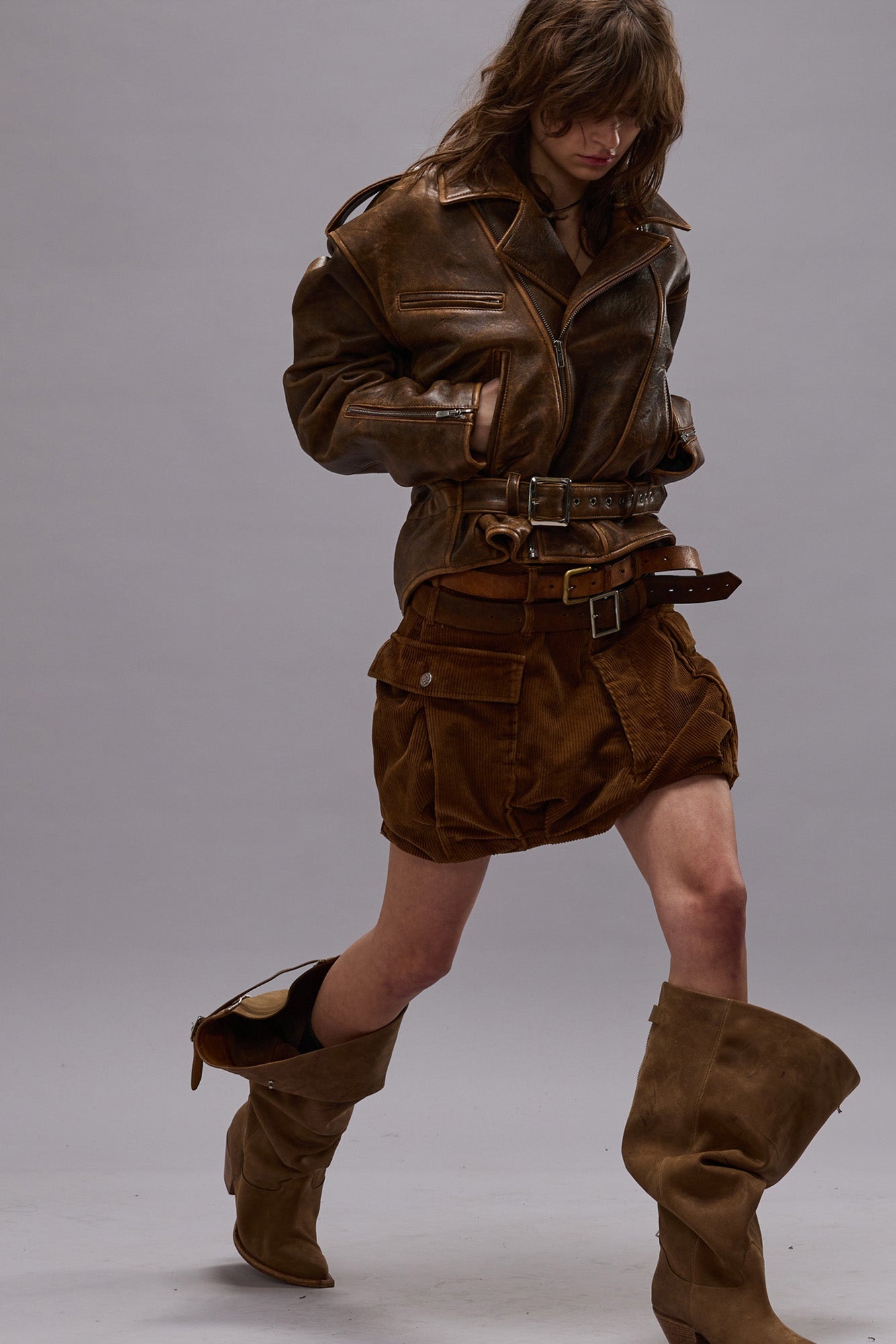 R13 EXAGGERATED SHOULDER MOTORCYCLE JACKET - BROWN LEATHER