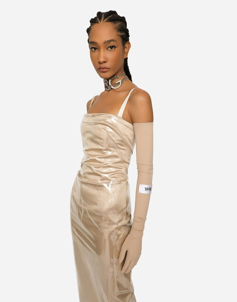 Long satin and PVC calf-length dress 5