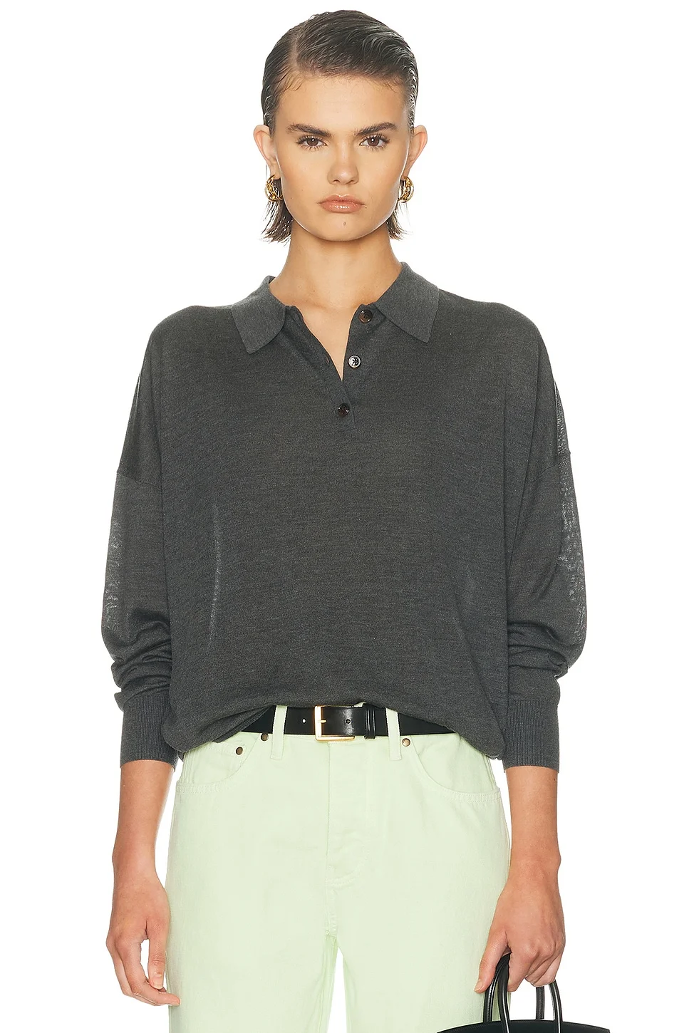 Silk Cashmere Boxy Long Sleeve Polo Top - 1