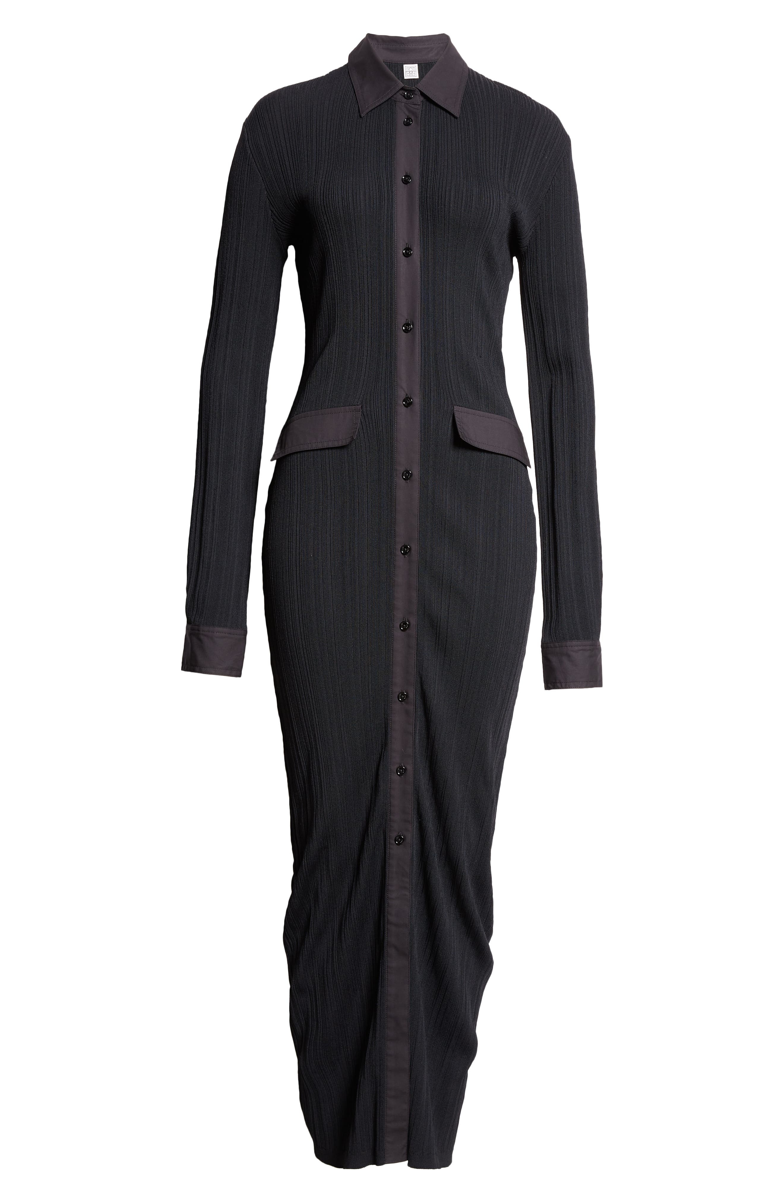 TOTEME Long Sleeve Rib Maxi Shirtdress in Black at Nordstrom - 5