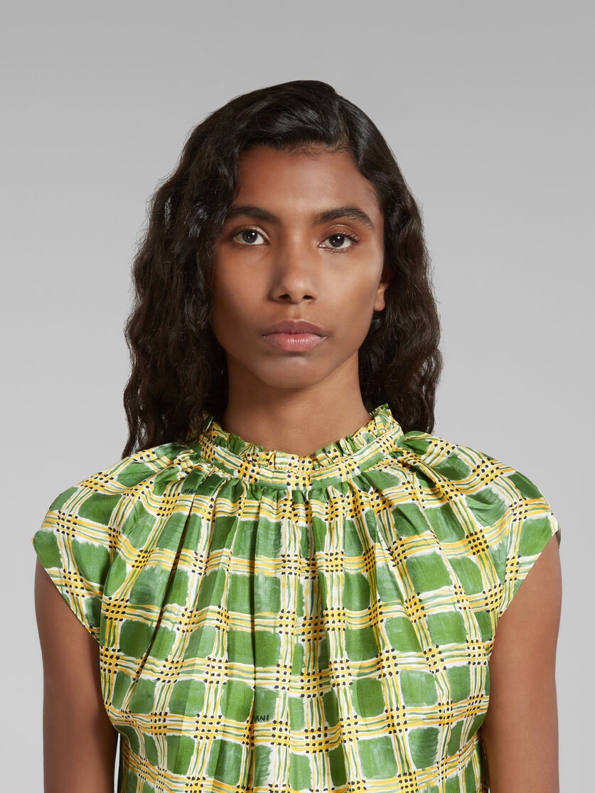 GREEN SILK TWILL DRESS WITH CHECK FIELDS PRINT - 4