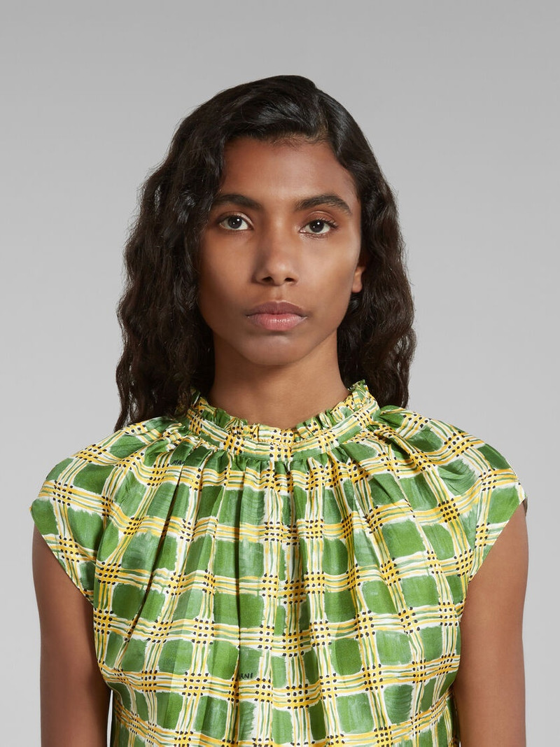 GREEN SILK TWILL DRESS WITH CHECK FIELDS PRINT 4