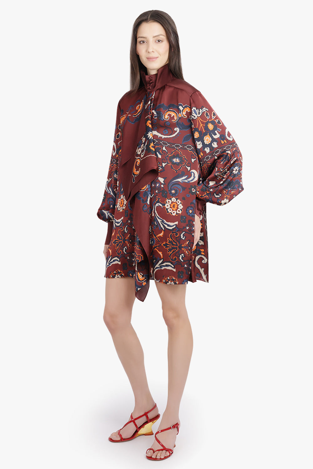 SCARF L/S FLORAL PRINT HIGH NECK DRAPE MINI DRESS | BORDEAUX/MULTI - 2